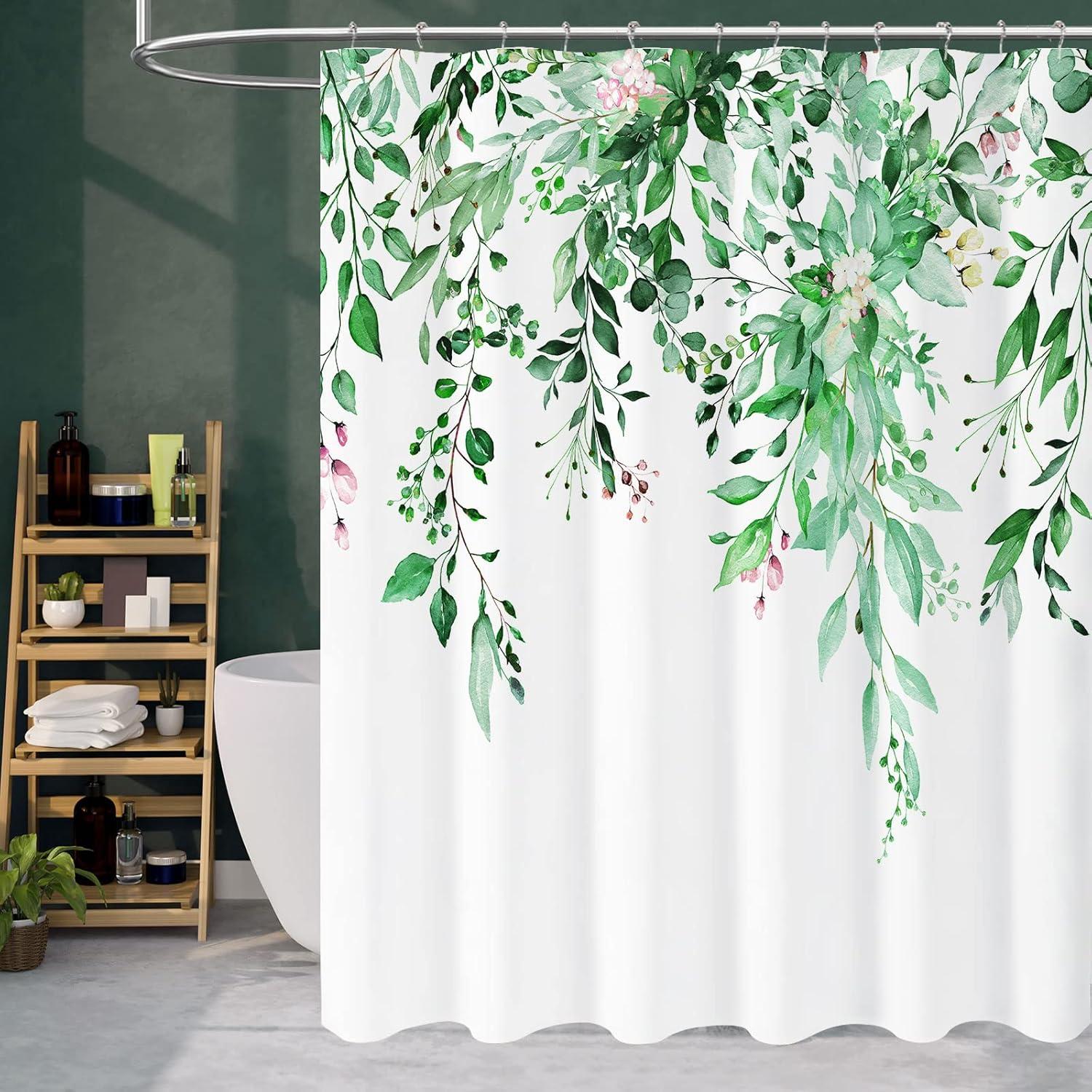 Eucalyptus Watercolor Leaves Semi-Sheer Waterproof Shower Curtain