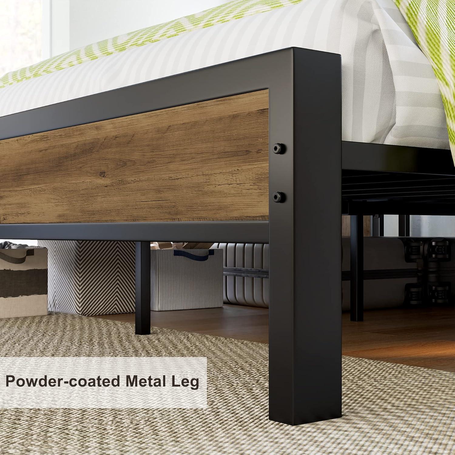 VANACC Metal Wood King Size Bed Frame with 2-Tier Storage Headboard and Charging Station, Light Brown