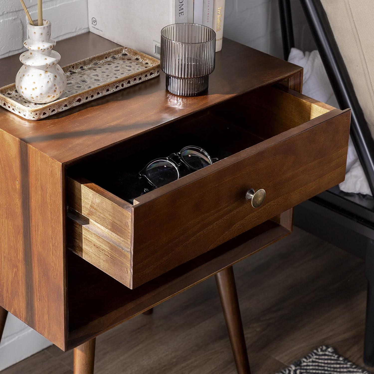 Walker Edison 2-Piece Mid-Century Solid Pine Wood Bedroom Nightstand in Walnut