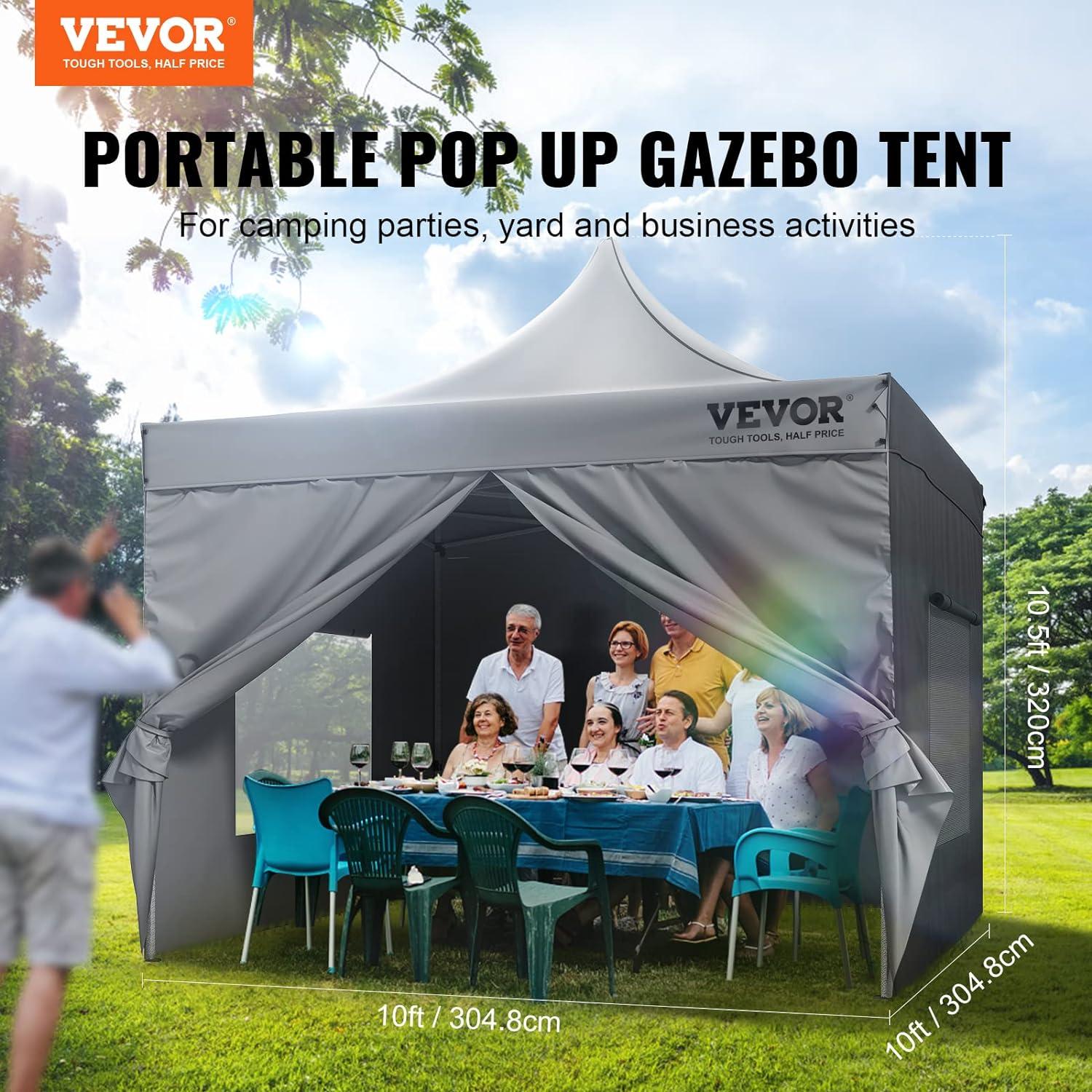 VEVOR Pop Up Canopy Tent Outdoor Gazebo Tent with Sidewalls & Bag White 10x10FT - Grey