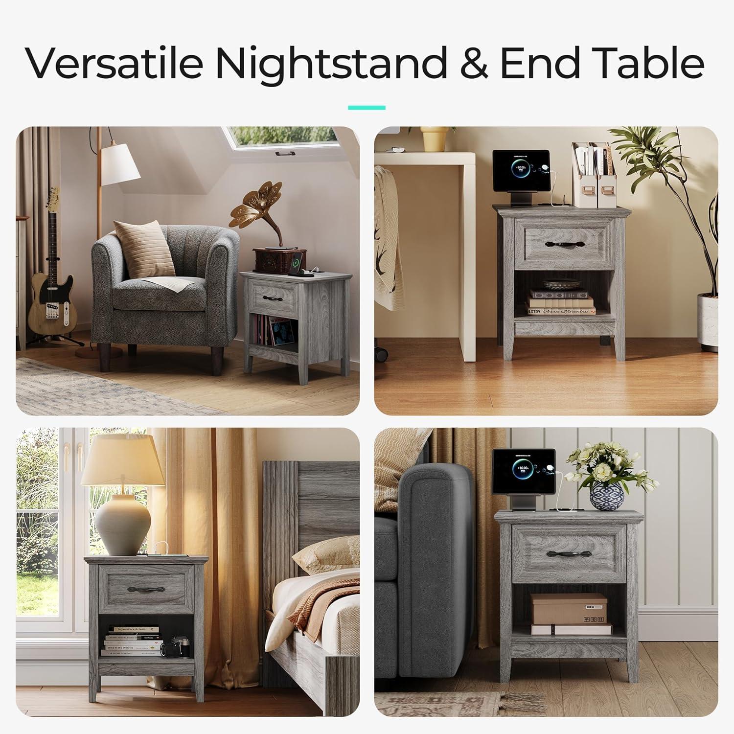 Linsy Home Nightstand for Bedroom with Charging Station, Farmhouse End Tables for Living Room with Drawer, Grey