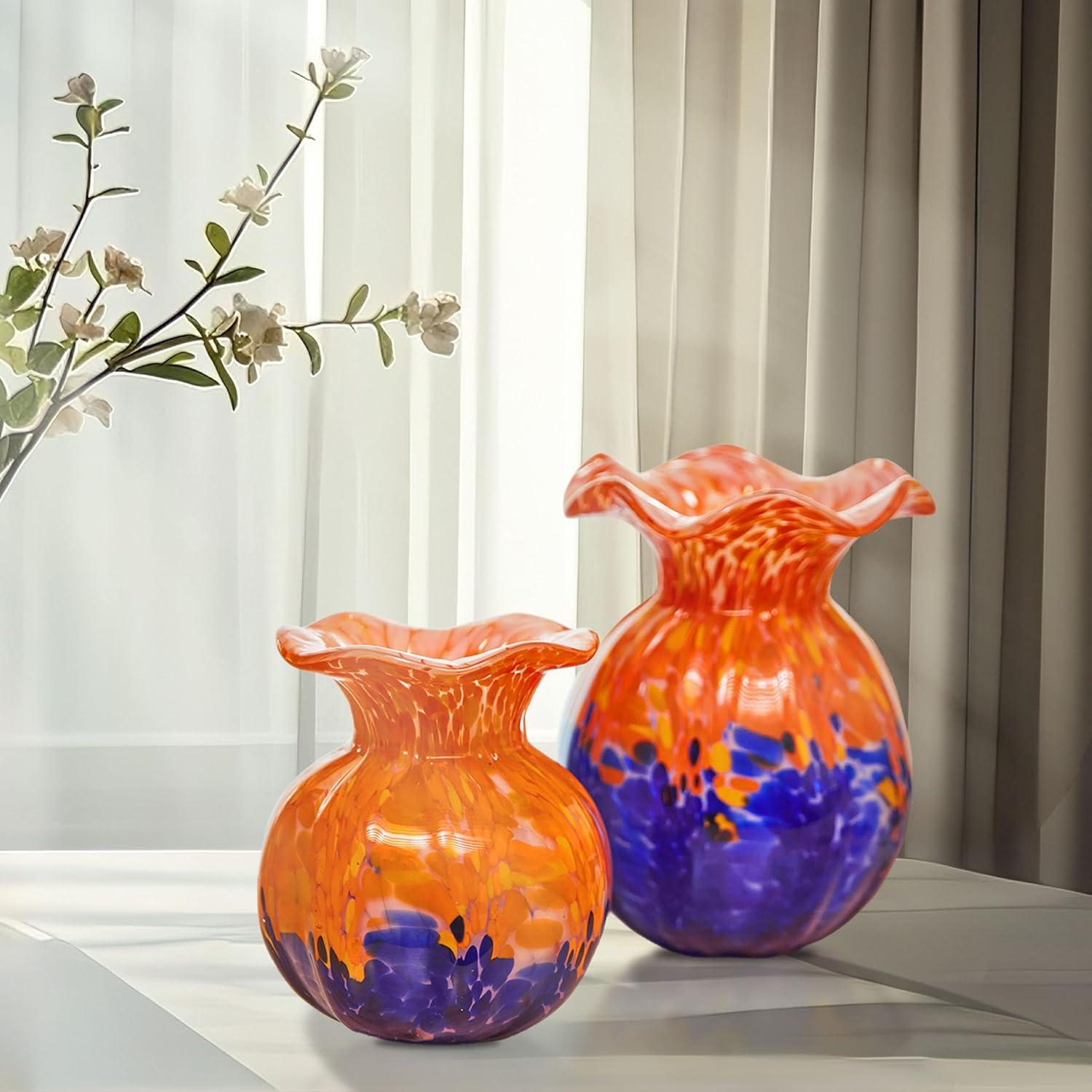 Luxury Lane Hand Blown Multicolor Confetti Art Glass Bubble Bud Flower Vase Cobalt Blue 6"H