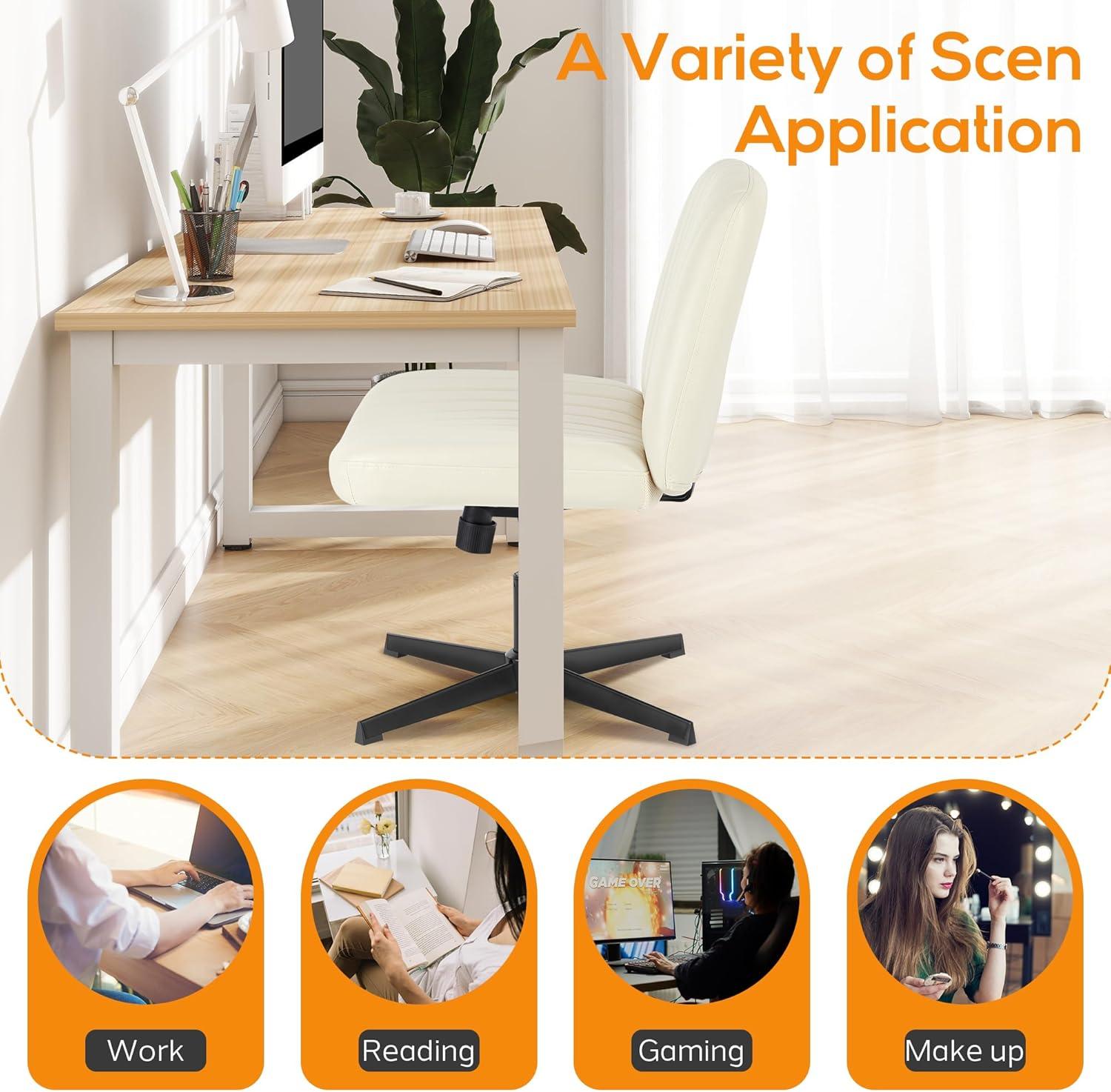 Criss Cross Chair, Cross Legged Office Chair, Wide Comfort Desk Chair, No Wheels Armless Computer Task Chair, Swivel Leather Vanity Home Chair, Height Adjustable