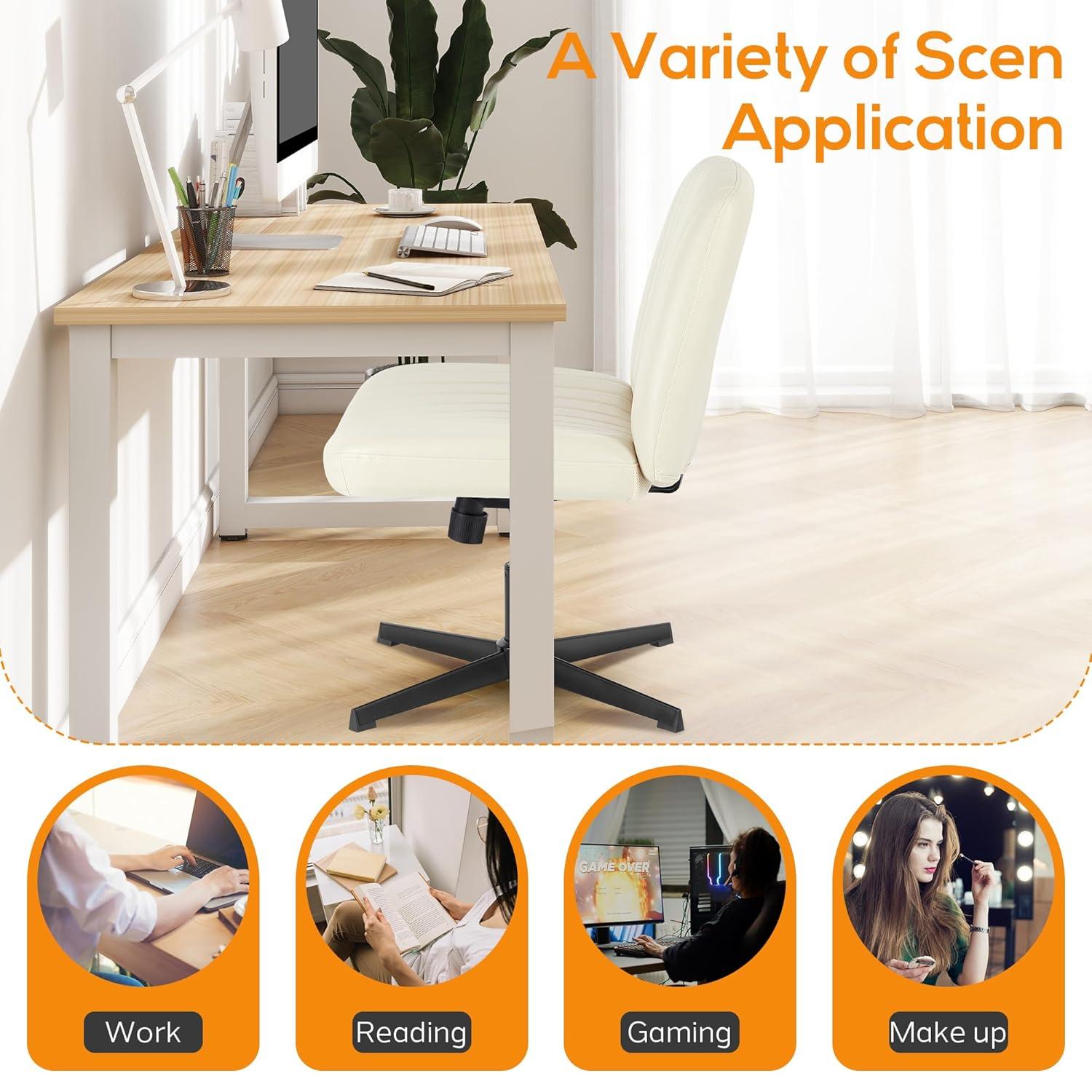 Criss Cross Chair, Cross Legged Office Chair, Wide Comfort Desk Chair, No Wheels Armless Computer Task Chair, Swivel Leather Vanity Home Chair, Height Adjustable