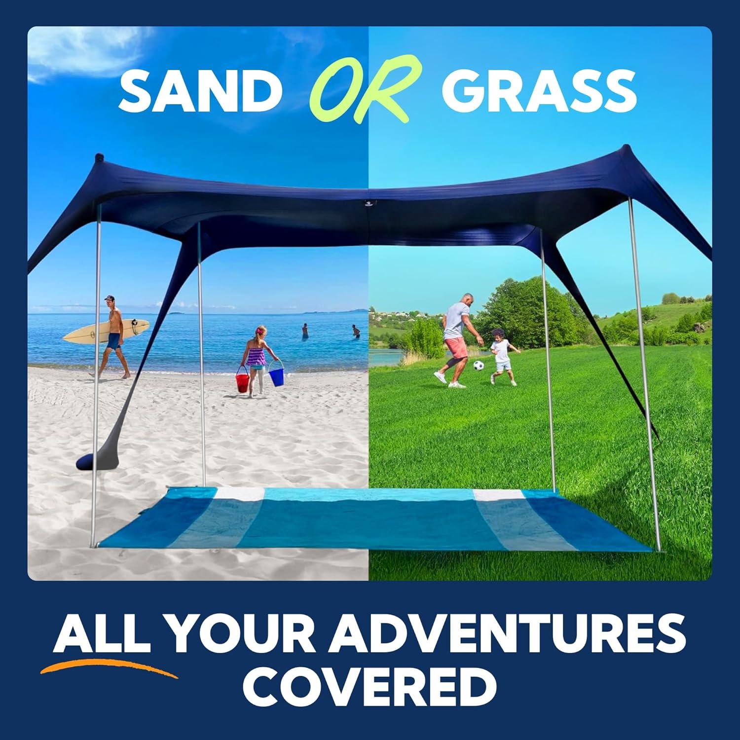 SUN NINJA 7x7.5 FT Pop-Up Beach Tent with Sand Shovel, Pegs & Stability Poles – Navy Blue Sun Shelter for Beach, Camping & Outdoor Use