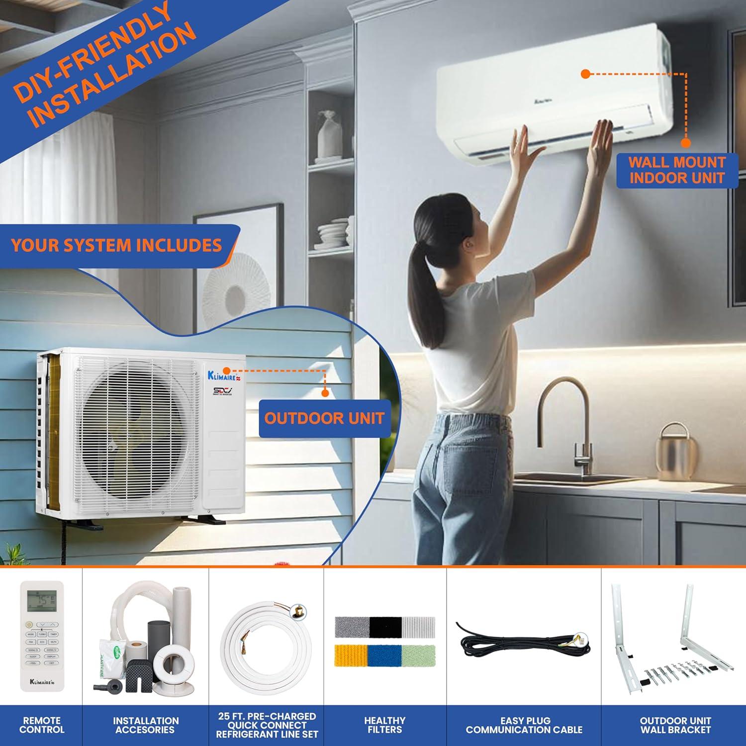 Klimaire DIY 36,000 BTU 19 SEER2 WiFi-Enabled Mini-Split Heat Pump Air Conditioner with 25-Ft Pre-Charged Quick-Connect Installation Kit, Up to 2,400 Sq. Ft.