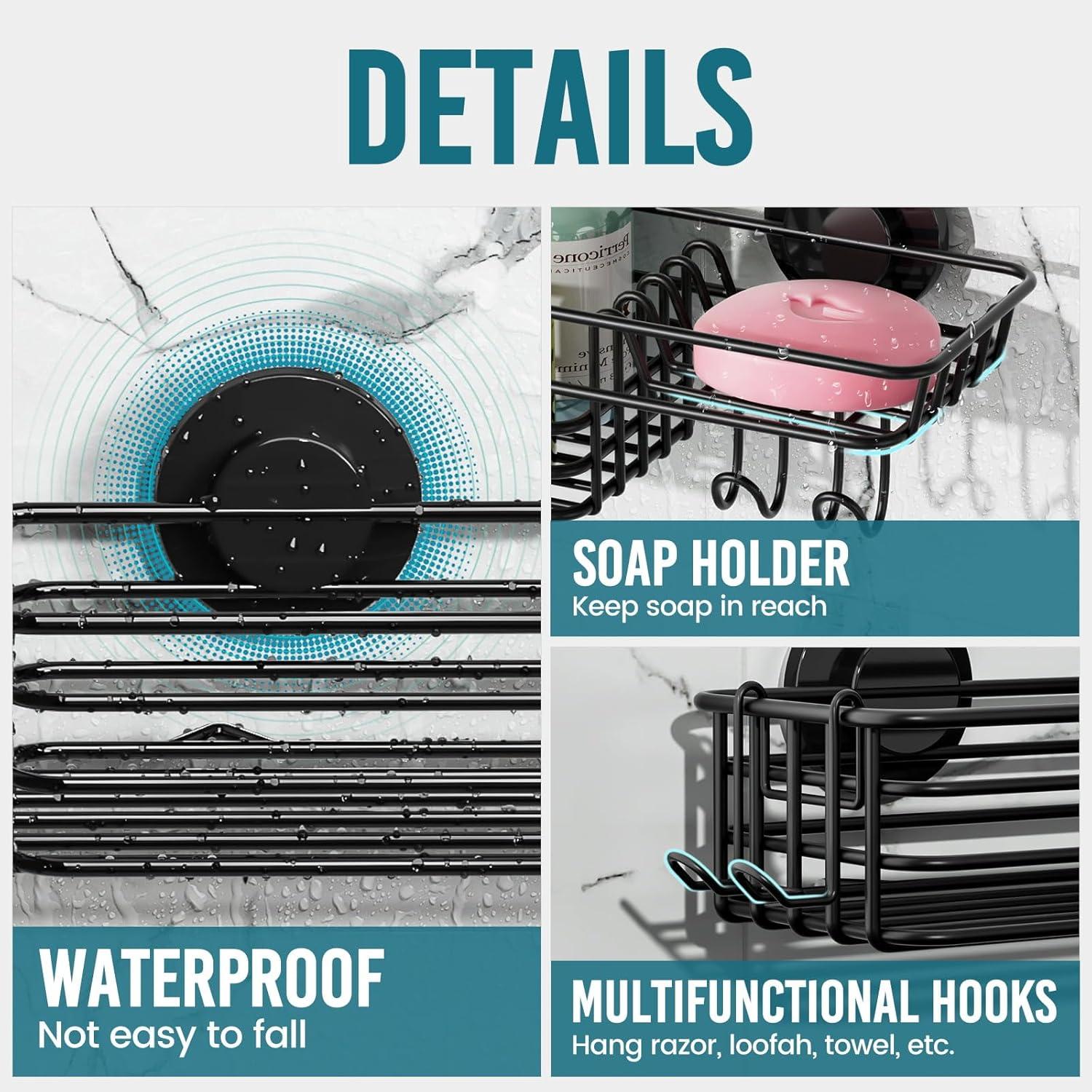 Shower Caddy Suction Cup 2 Pack With Hooks & Soap Holder, Heavy Duty Shower Organizer For Bathroom