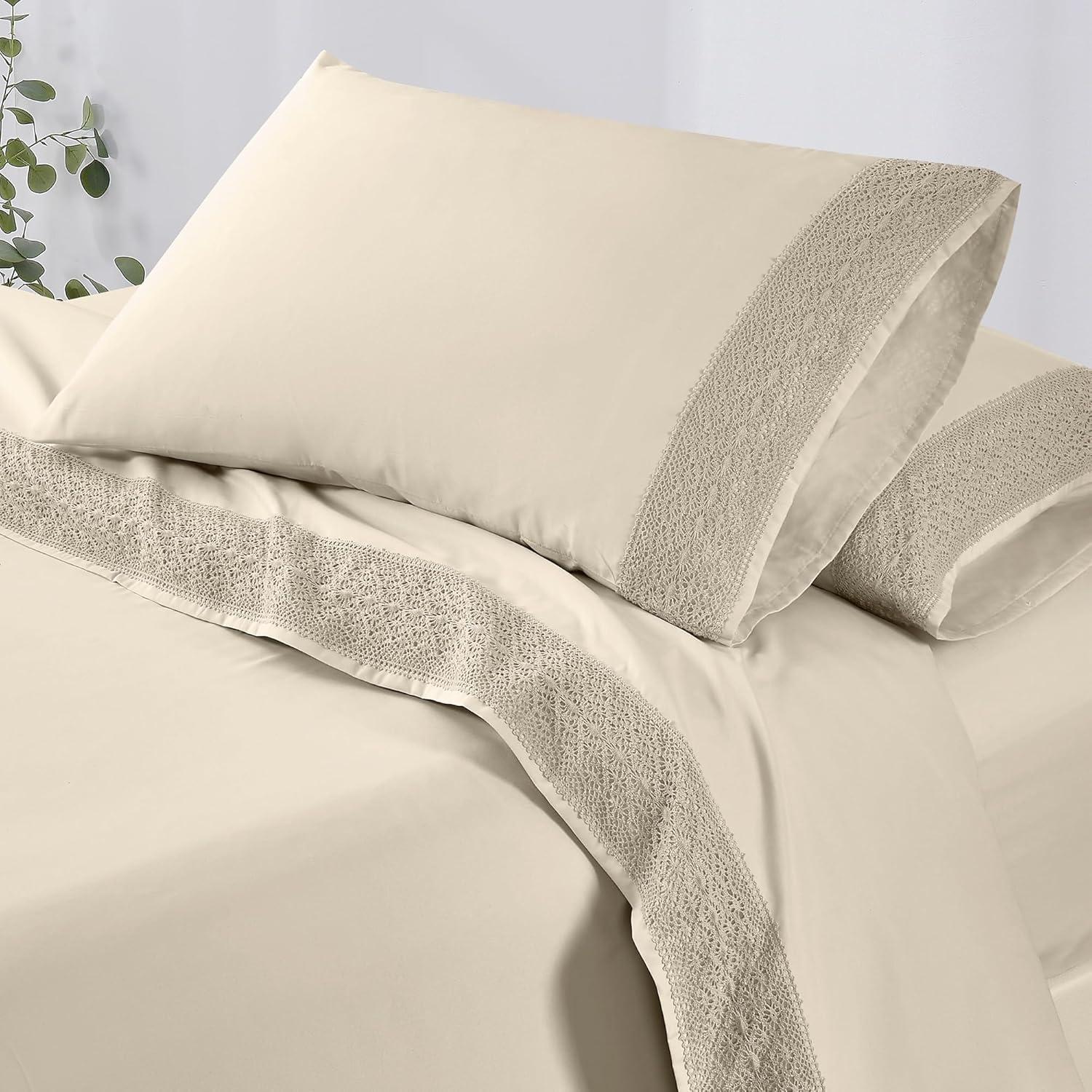 Modern Threads Modern Threads Yate Soft Microfiber Crochet Lace Sheets - Luxurious Microfiber Bed Sheets - Includes Flat Sheet, Fitted Sheet with Deep Pockets, & Pillowcases
