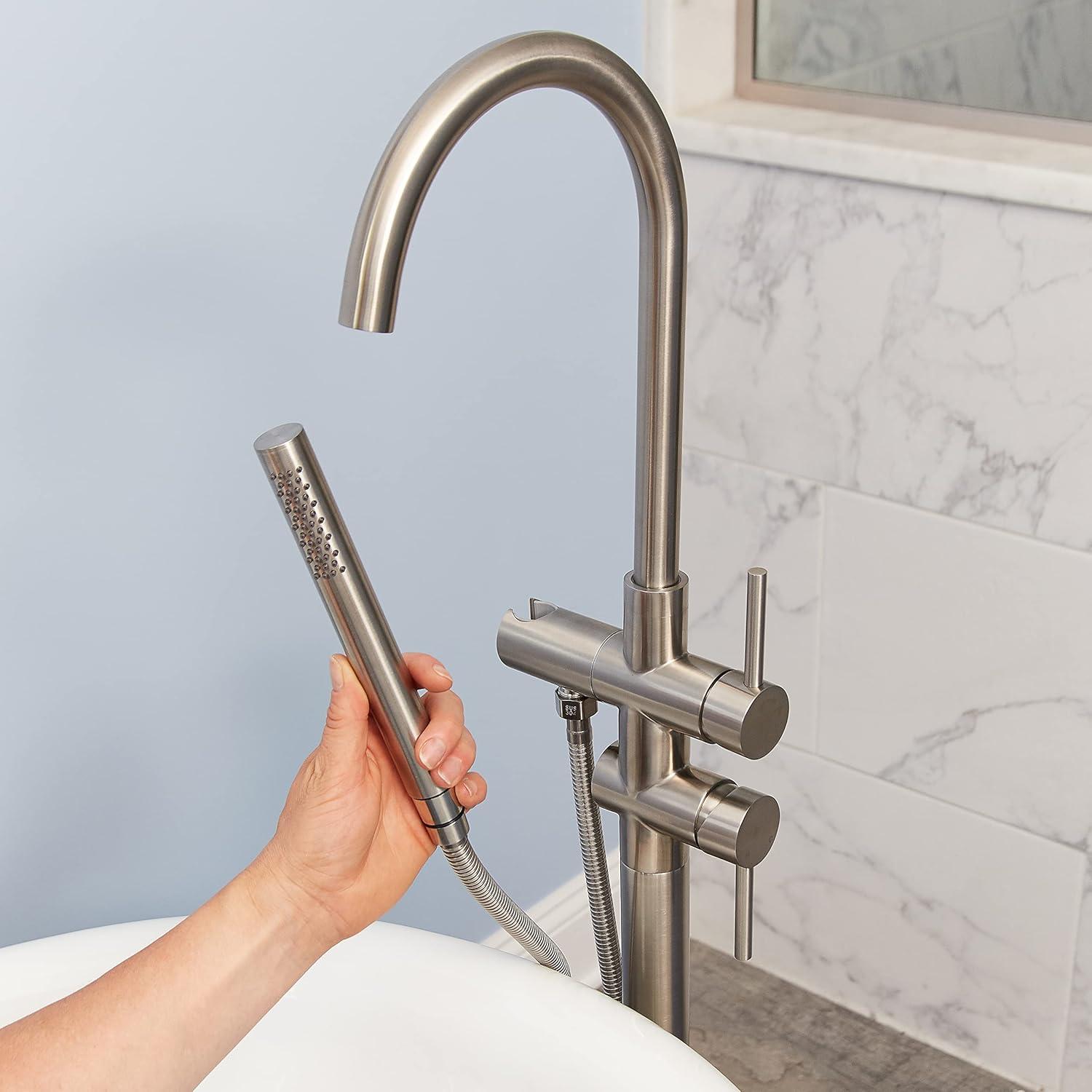 AWZTOO Floor Mount Tub Faucet With Hand Shower Double Handle Bathtub Faucets Freestanding Bathroom Tub Filler With Handheld Shower Brushed Nickel