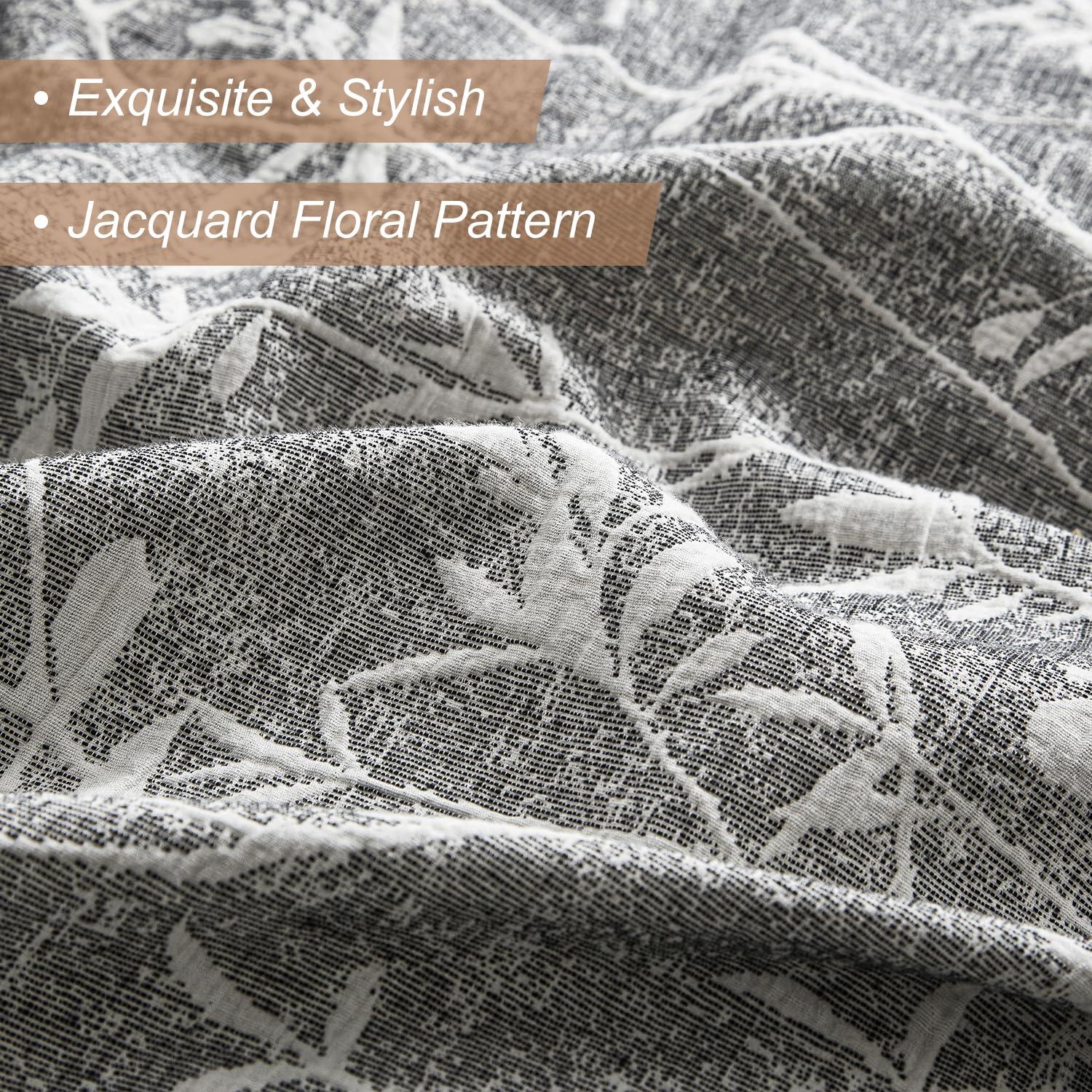 Ivellow Linen Cotton Blend Duvet Cover Set Queen - Jaquard Floral Textured Ultra Soft Breathable Grey Botanical Garden Flower Leaves Branch Bedding Set 3 Pcs