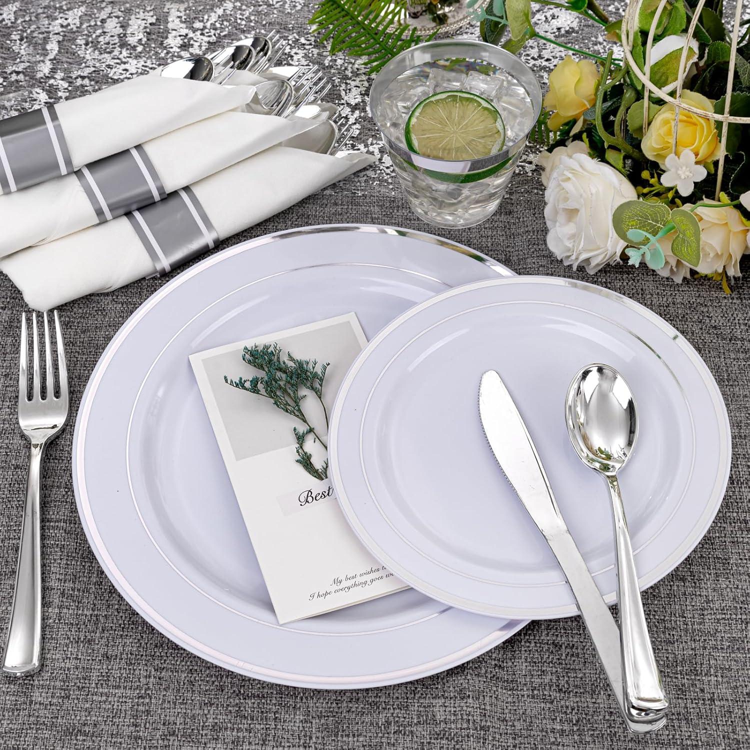 Elegant Silver Rimmed Disposable Plastic Dinnerware Set, 350 Pieces