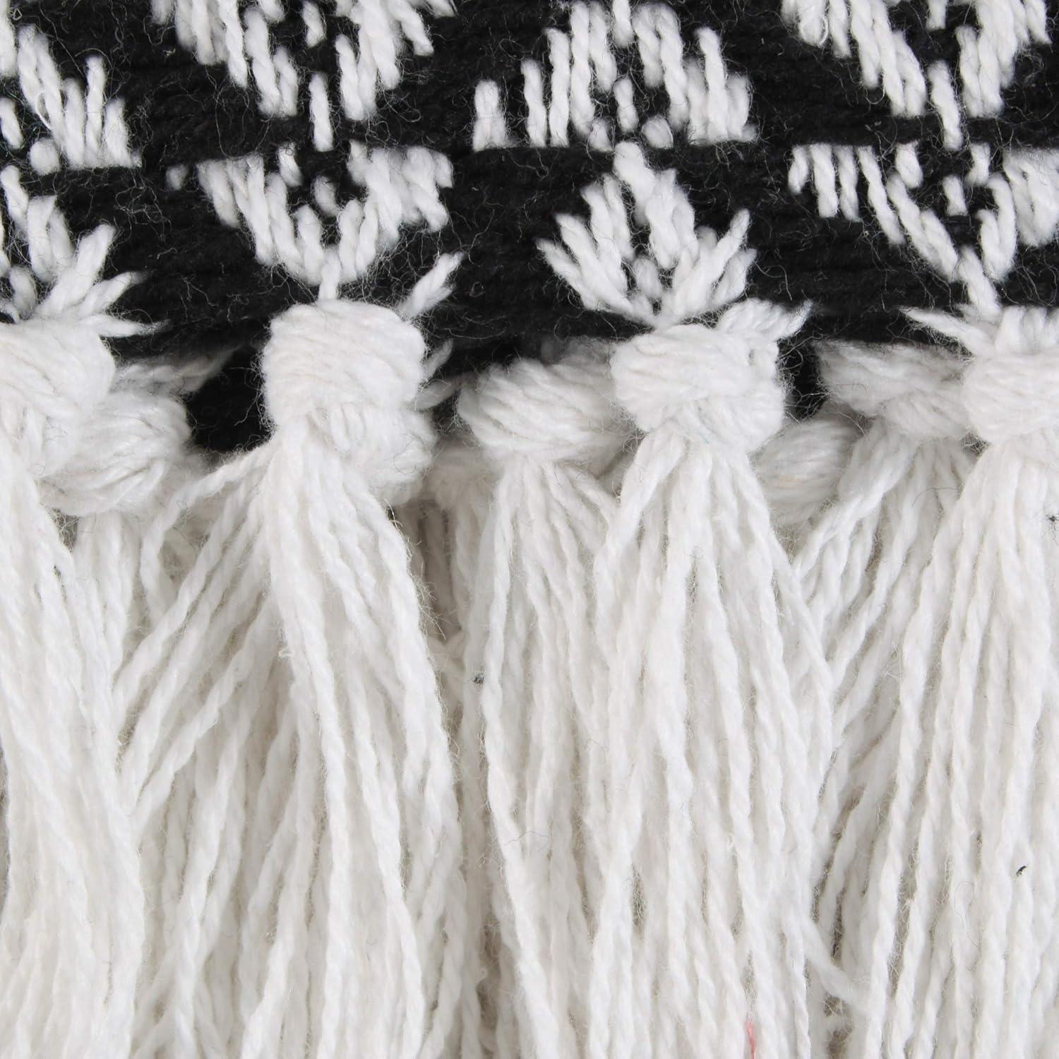 Black and White Cotton Woven Throw Blanket with Fringe