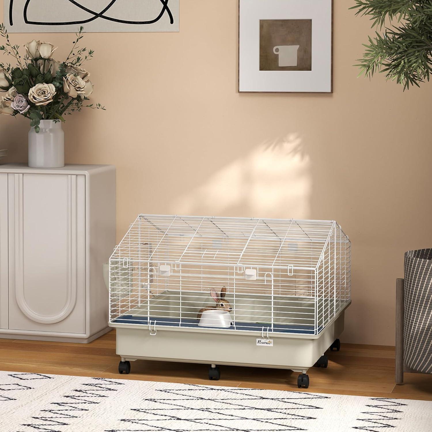 PawHut Small Animal Cage, Rolling Guinea Pig Cage with Water Bottle, Hay Feeder, Food Dish, Ramp, for Rabbits, Hedgehogs, 35" x 35" x 25", White