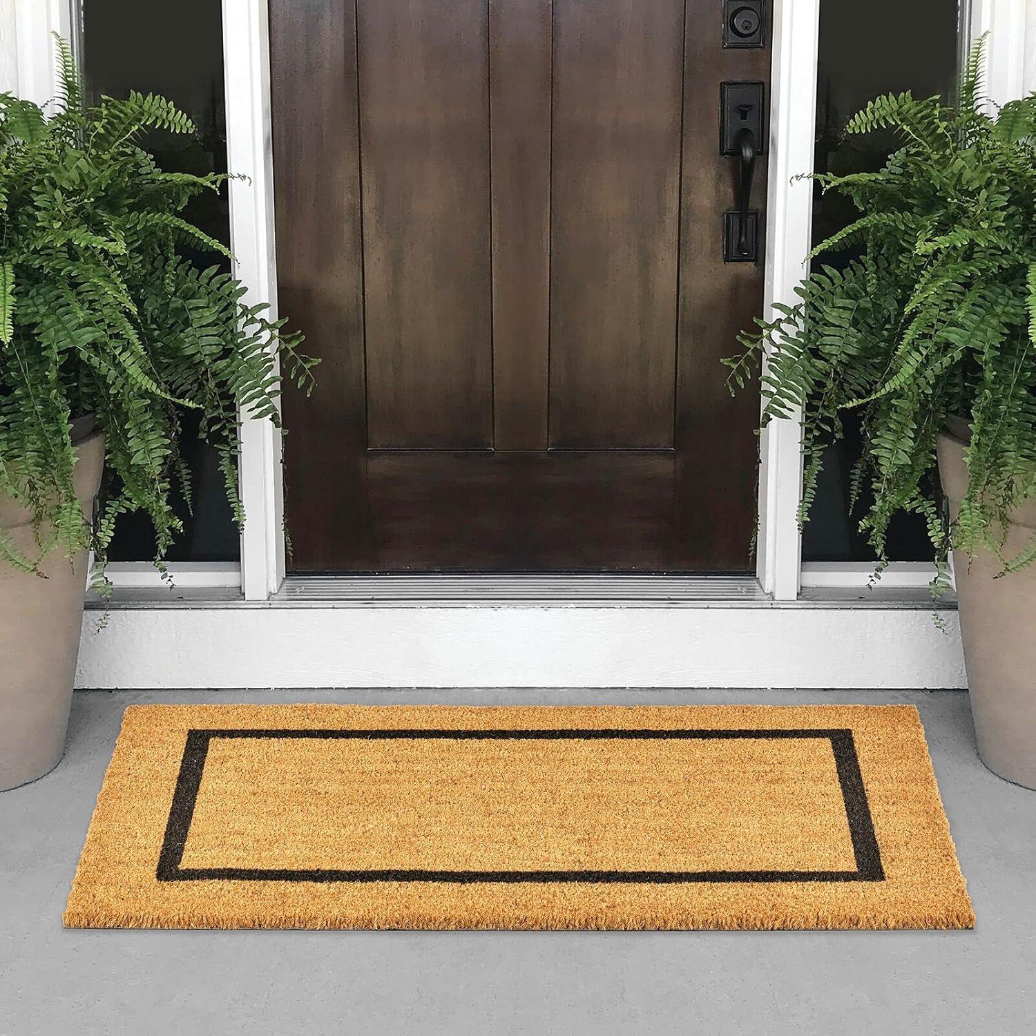 mDesign Coir and Rubber Non-Slip Indoor/Outdoor Entryway Door Mat, Natural/Black