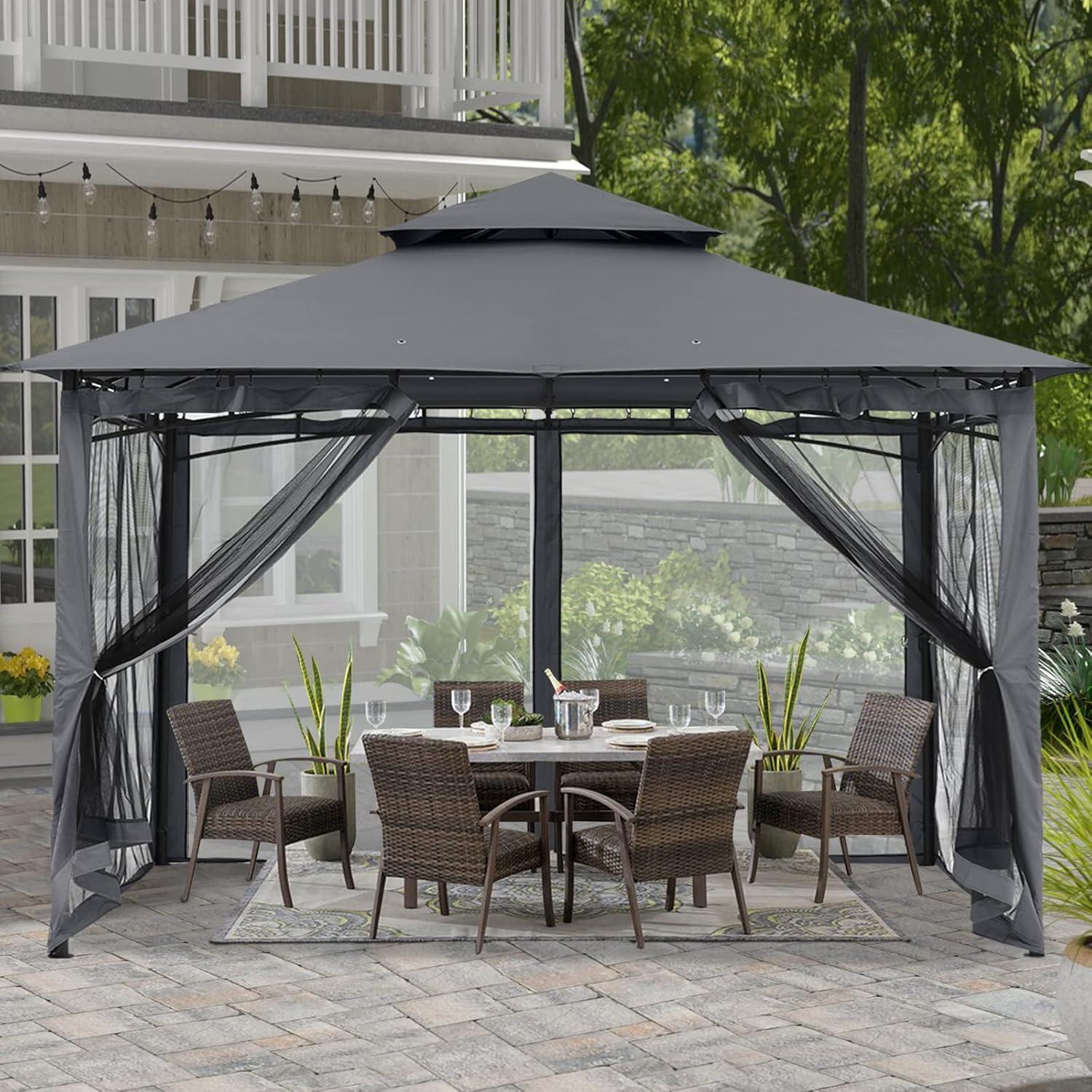 Dark Gray 10x12 Steel Frame Gazebo with Mosquito Netting