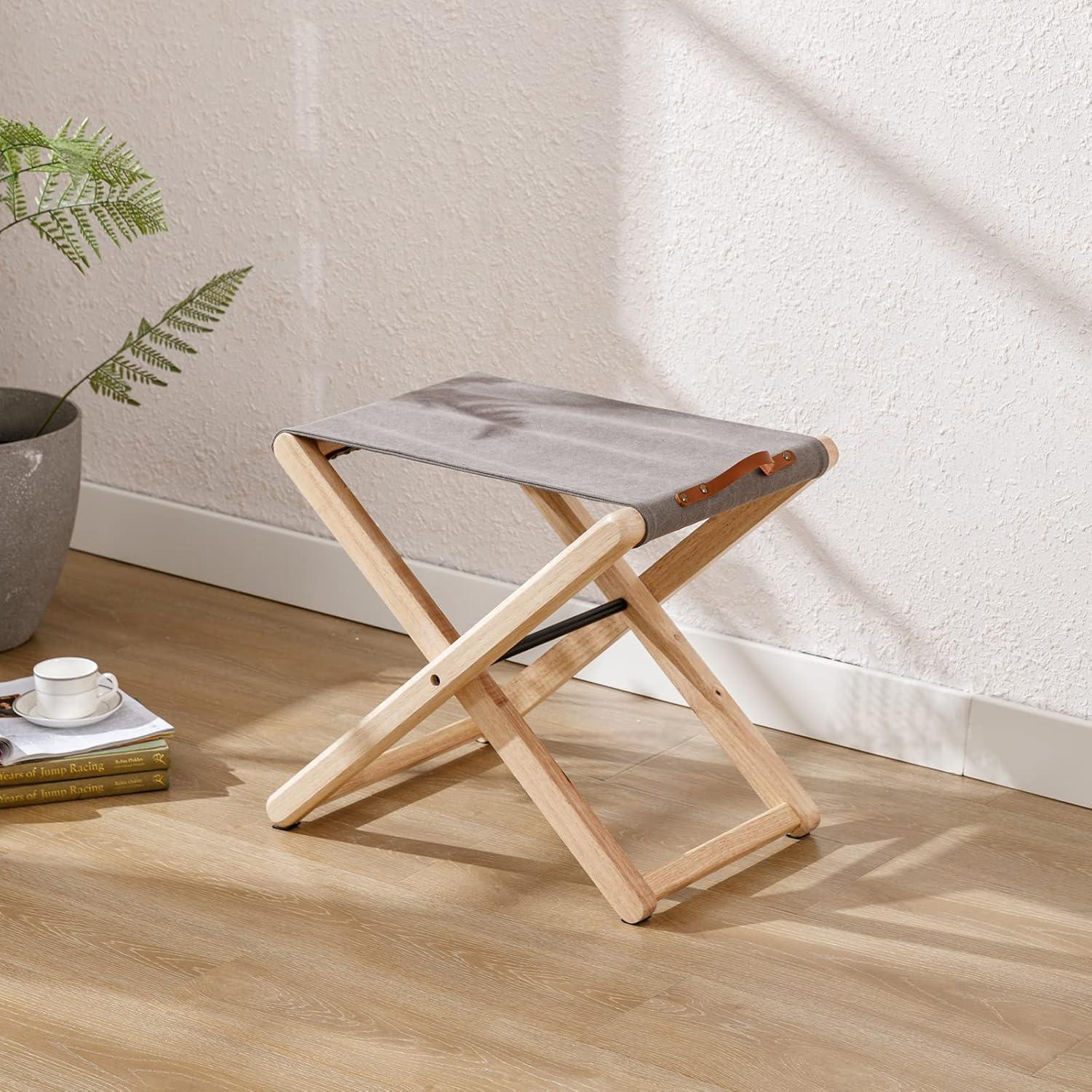 Folding Chairs Patio Stool for Camping Solid Wood Teak and Fabric (Set of 2)