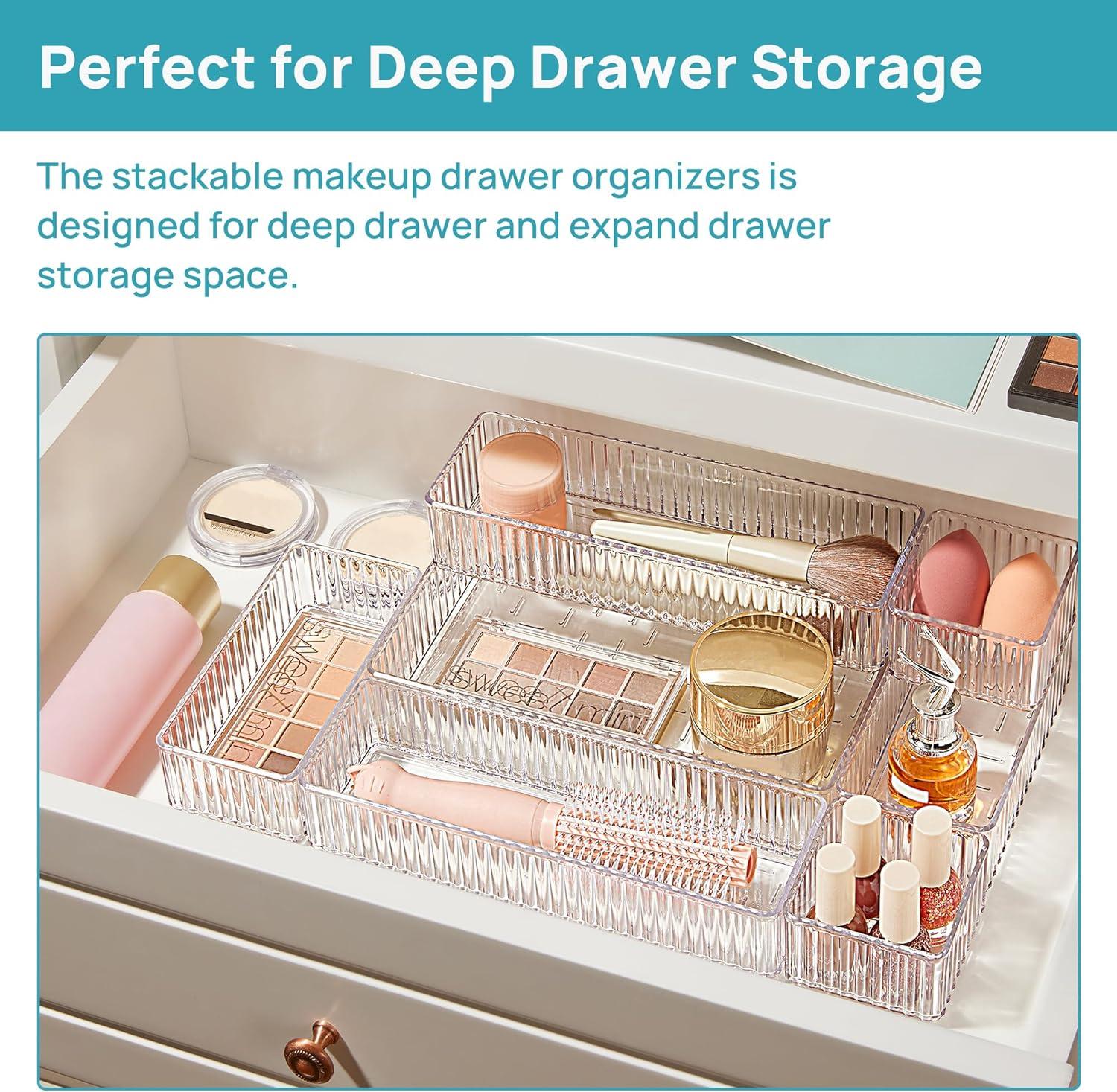 Hokku Designs 7 PCS Clear Drawer Organizers Bins, 4-Size Stackable Makeup And Vanity Drawer Organizer Trays, Acrylic Bathroom Drawer Storage Containers