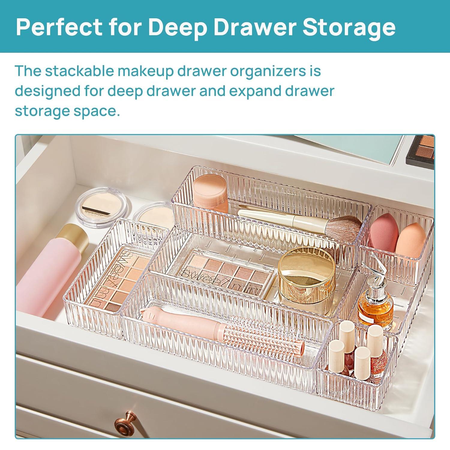 Hokku Designs 7 PCS Clear Drawer Organizers Bins, 4-Size Stackable Makeup And Vanity Drawer Organizer Trays, Acrylic Bathroom Drawer Storage Containers