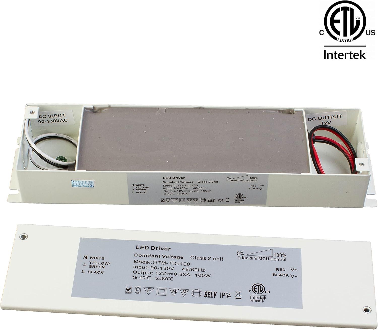 Triac Dimmable LED Driver, ETL 100v-130v to 12v 100w DC Constant Voltage Junction Box Enclosed Power Supply for LED Strip Light Compatible with Lutron Leviton AC Wall Dimmer Control