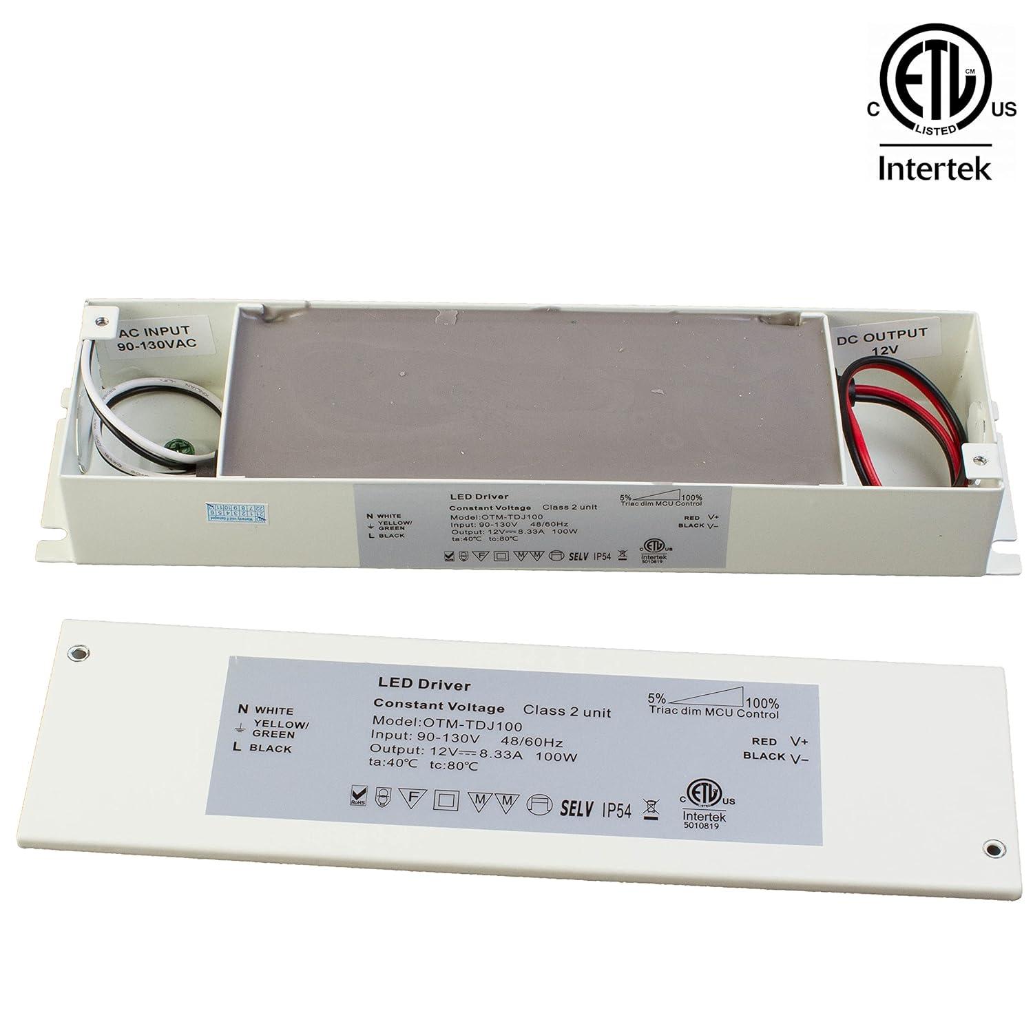 Triac Dimmable LED Driver, ETL 100v-130v to 12v 100w DC Constant Voltage Junction Box Enclosed Power Supply for LED Strip Light Compatible with Lutron Leviton AC Wall Dimmer Control