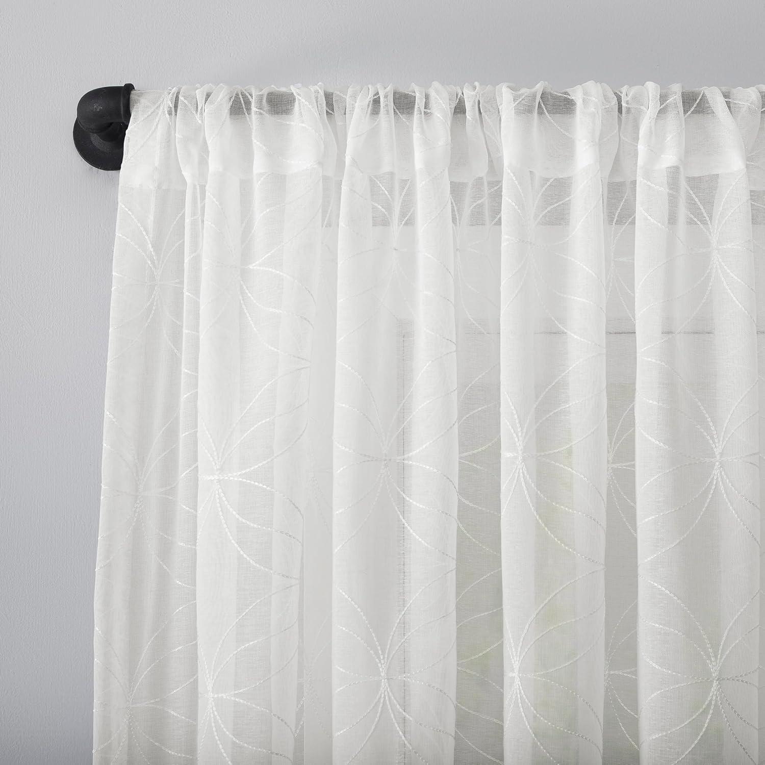 63"x50" Tamaryn Embroidered Trellis Sheer Rod Pocket Curtain Panel Ivory - No. 918: Modern Off-White Polyester Drapery