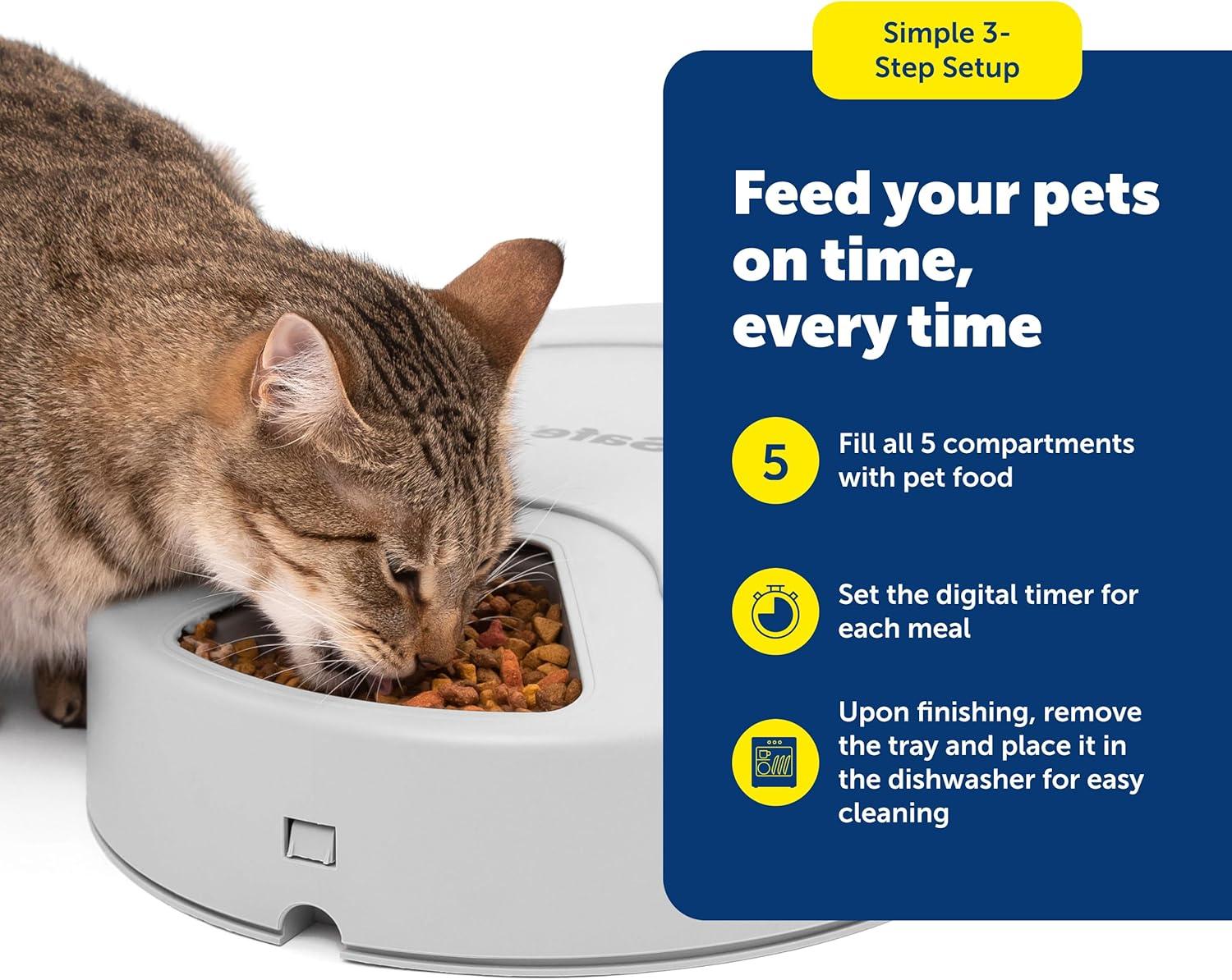 PetSafe 5 Meal Programmable Pet Food Dispenser, Automatic Dog and Cat Feeder - Dry or Semi-Moist Pet Food, Timed Cat Feeder or Dog Feeder, Slow Feed Portion Control (5 Cup/40 Ounce Total Capacity)
