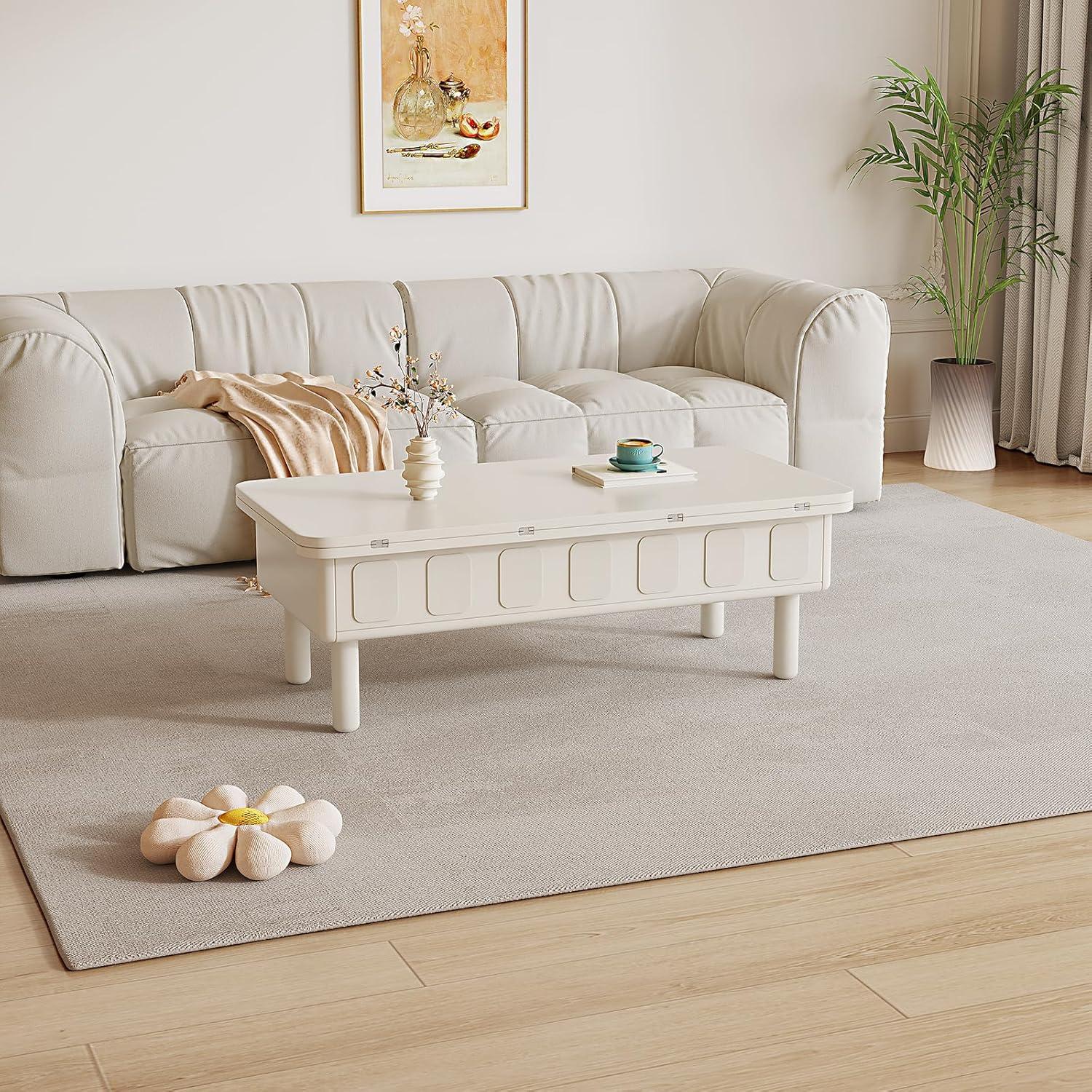 Guyii Extendable Coffee Table, 3-in-1 Lift Top Coffee Table with 2 Storage Drawers and Hidden Compartment for Living Room, Home, White