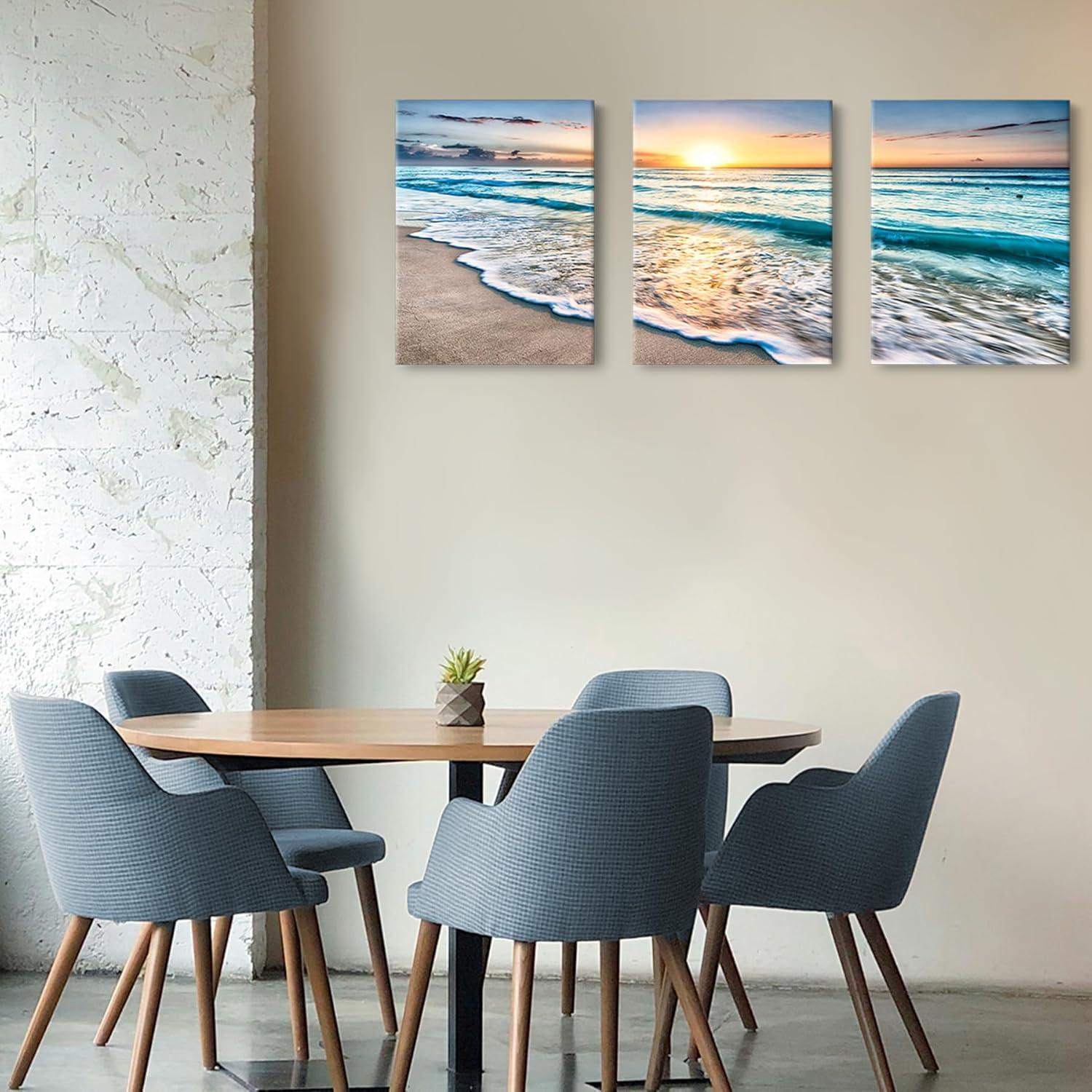 Asdg12s-3 Panel Wall Art Blue Sea Sunset White Beach Painting The Picture Print On Canvas Seascape The Pictures for Home Decor Decoration,Ready to Hang