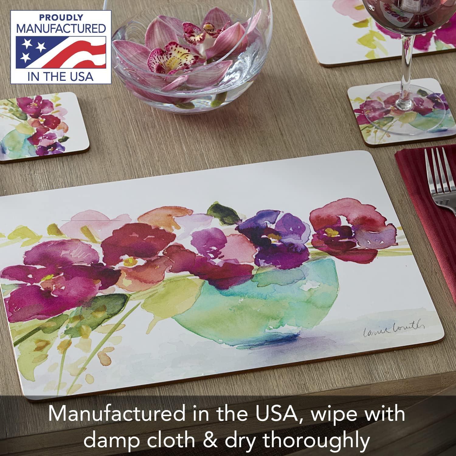 Cala Home "Bowl Of Blooms" Premium Decorative Hardboard Cork Back Tabletop Placemats 4 Pack
