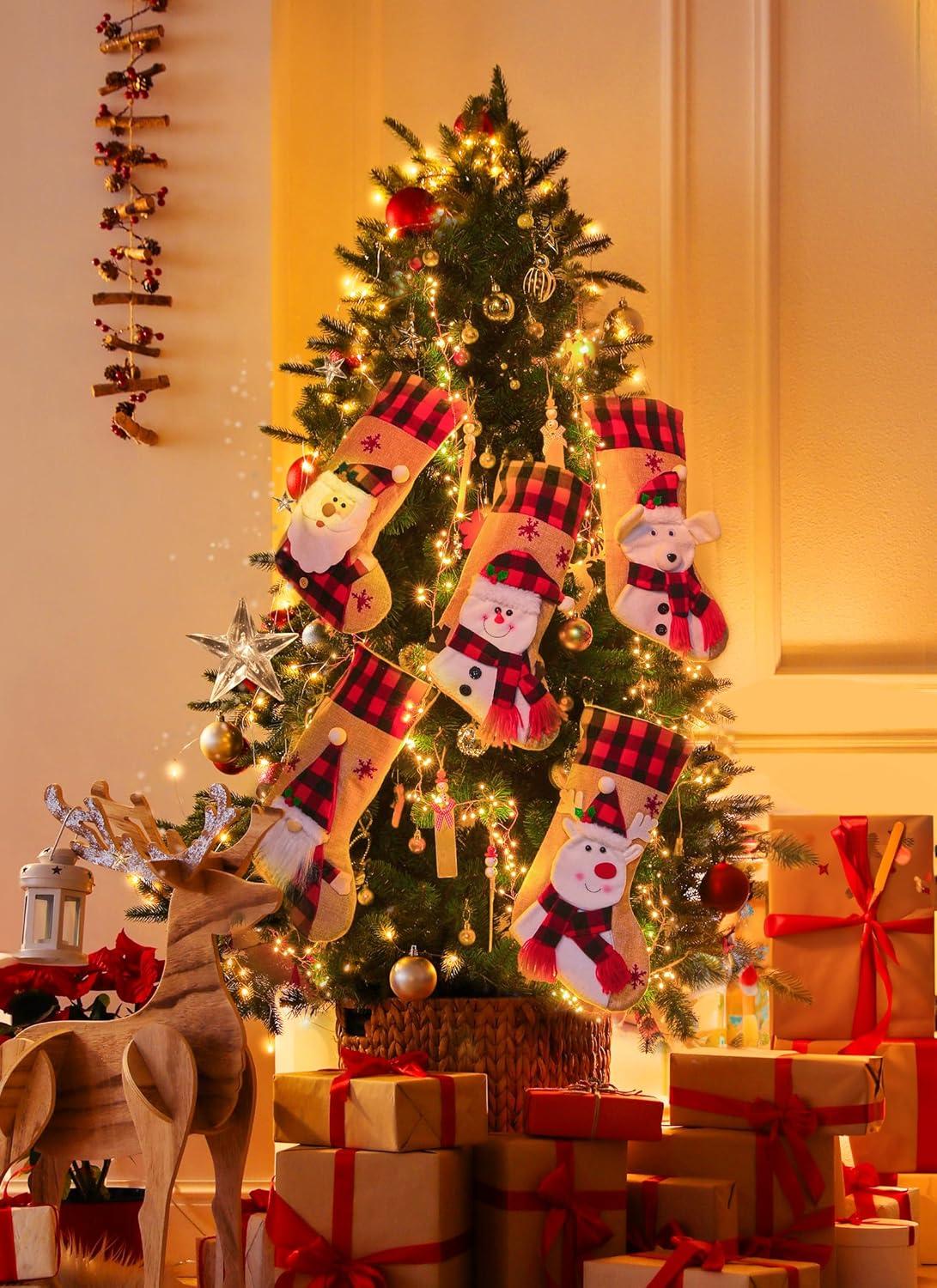 Christmas Stockings with Personalized Name Tag, 4 Pack 18" Christmas Stocking Snowman Deer Santa Gnome Burlap Plaid Xmas Stocking Holiday Christmas Decoration Gifts for Family