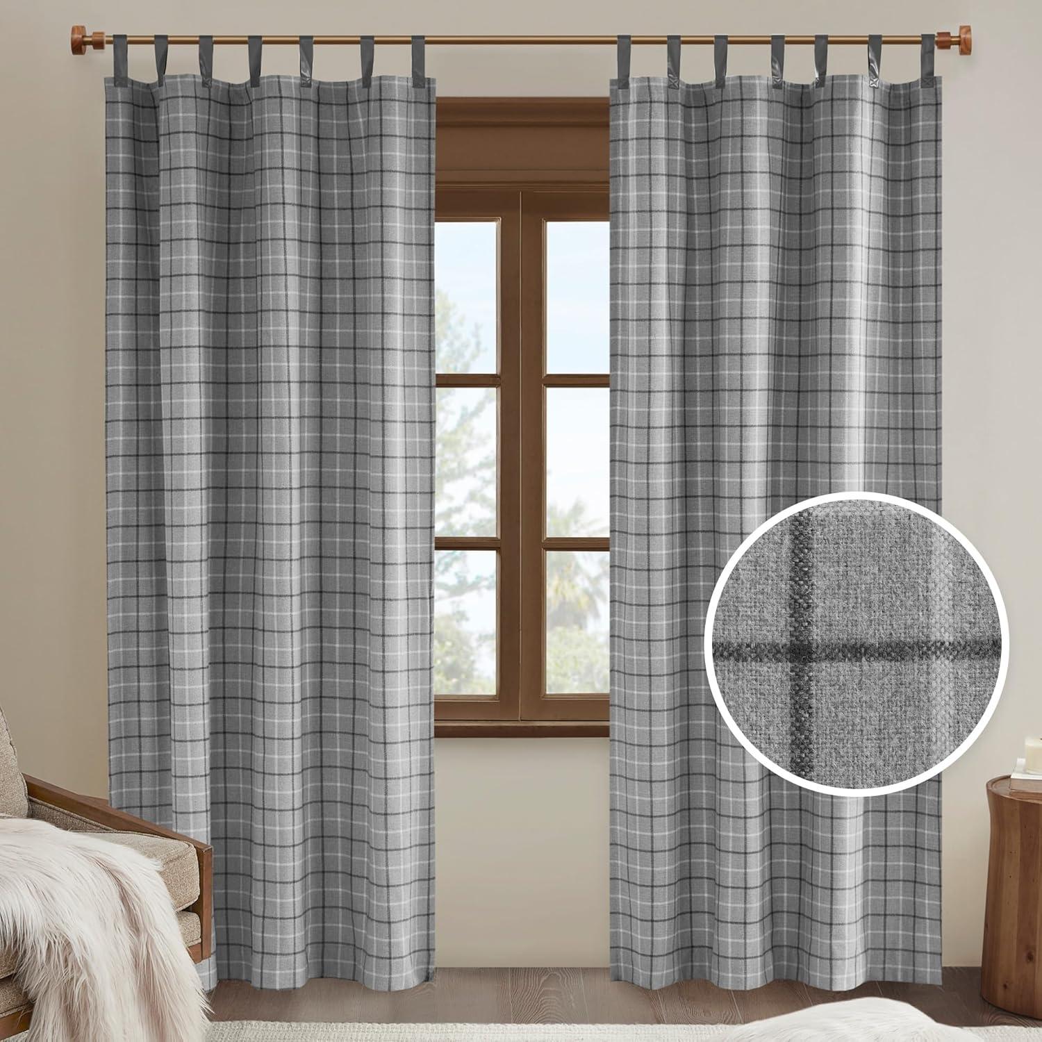 Anaheim Plaid Faux Leather Tab Top Curtain Panel with Fleece Lining