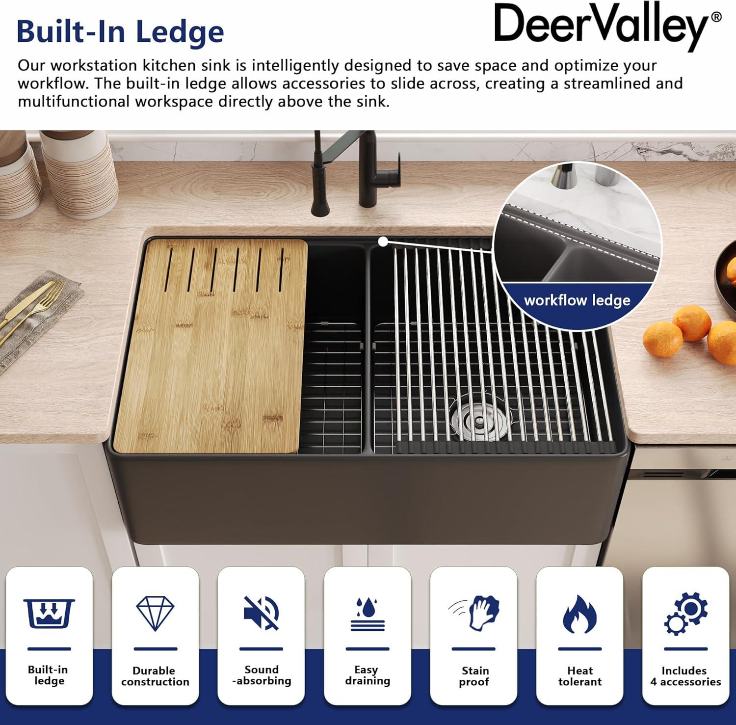 33"L x 20"W Farmhouse Kitchen Sink Deep Single Bowl Fireclay Workstation Sink with Cutting Board and Dish Drying Rack