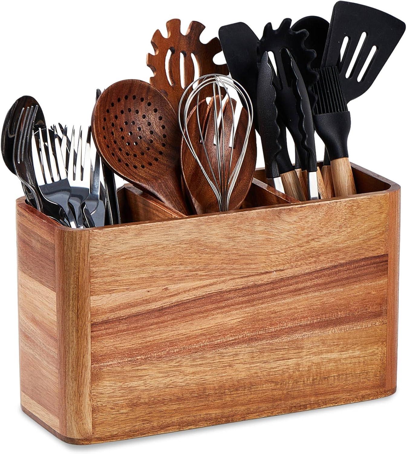 Wooden Utensil Holder for Kitchen Counter, Large Acacia Rustic Utensil Holder for Countertop with 3 Compartments, Wall Mounted Cooking Utensil Holder,