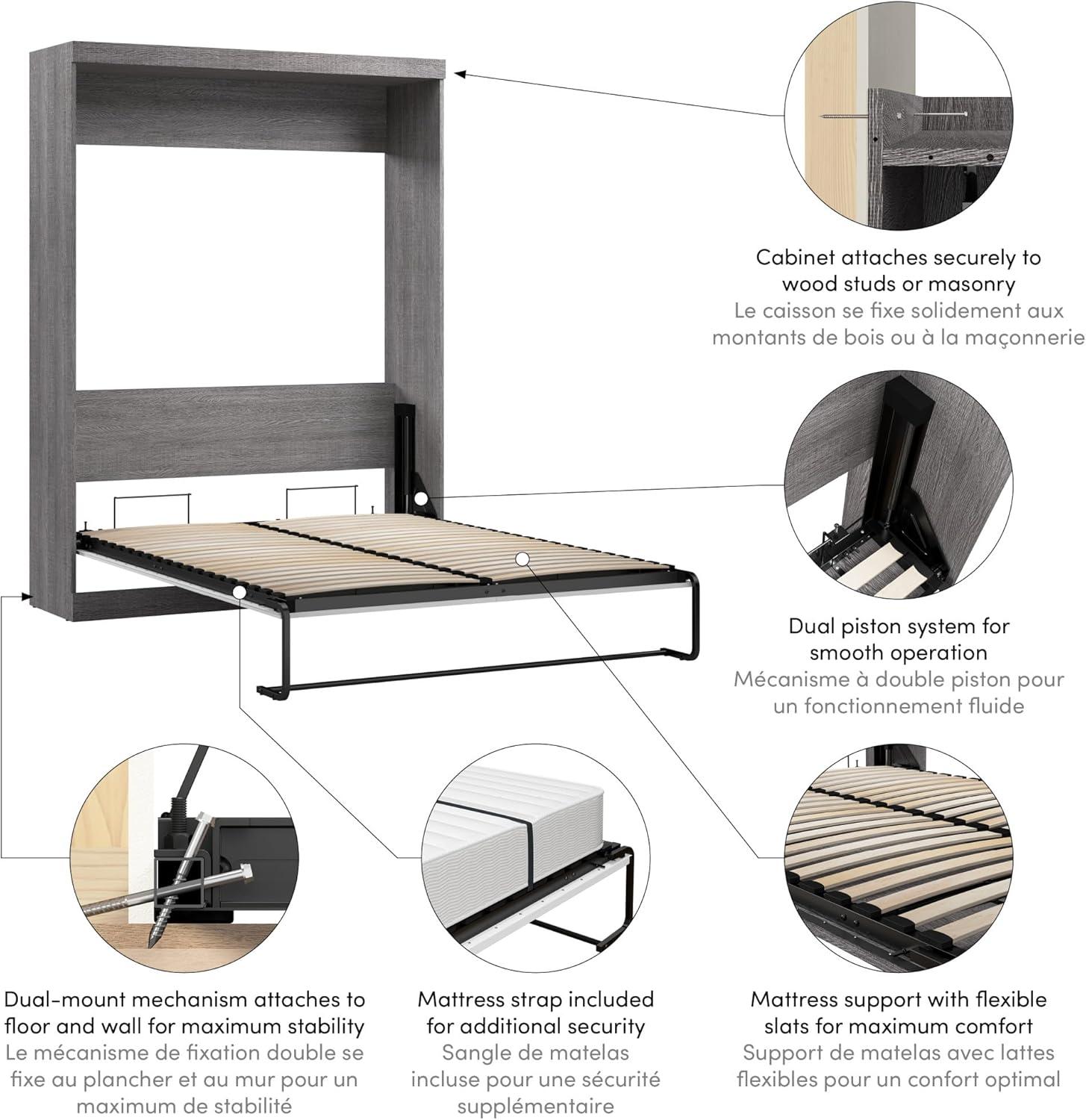 Bestar Nebula 65W Queen Murphy Bed in Bark Gray and White, Sleeping Arrangement for Multipurpose Room