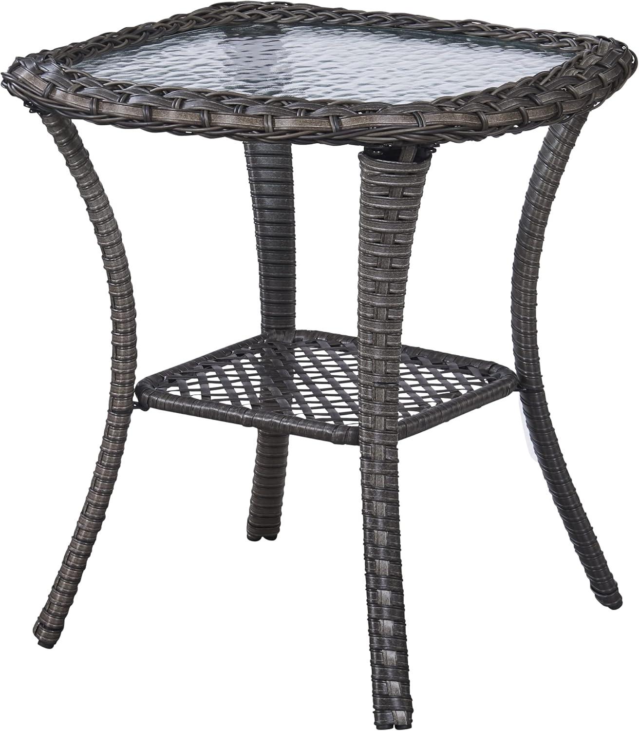 Brown Square Wicker Outdoor Glass Side Table