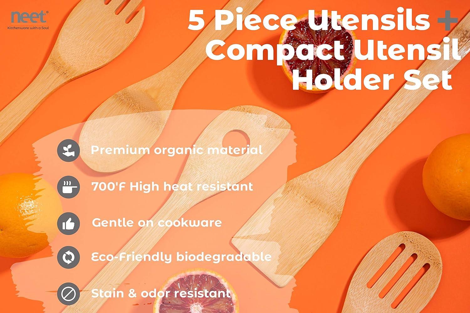Wooden Spoons For Cooking 6 Piece Organic Bamboo Utensil Set With Holder Wood Kitchen Utensils Spatula Spoon For High Heat Stirring In Nonstick Pots & Pans