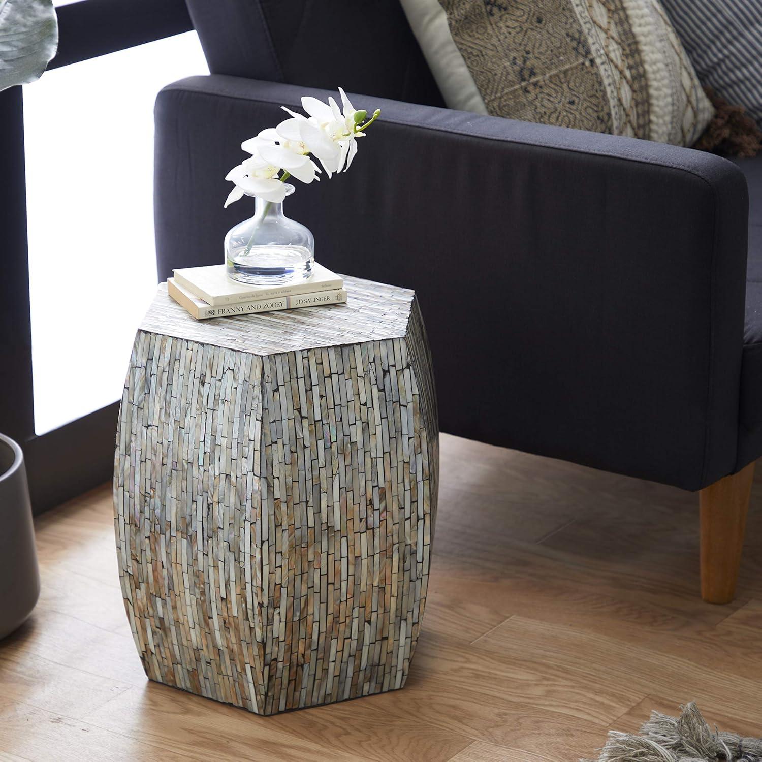 Wrought Studio™ Alissa Mother of Pearl Shell Handmade Shell Mosaic Hexagon Side End Gray Accent Table with Brown Accents