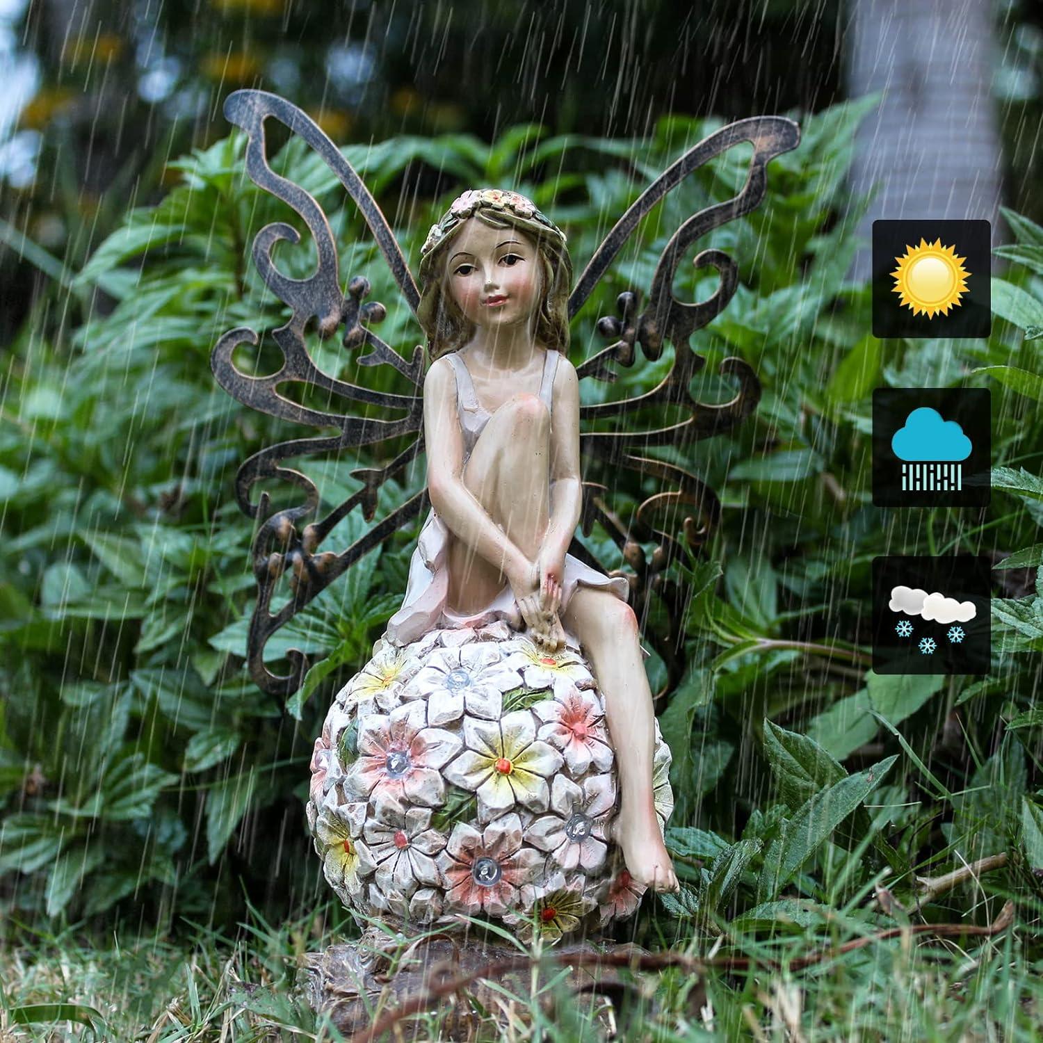 Solar Powered Resin Flower Fairy Garden Statue, 9.45 Inches Tall