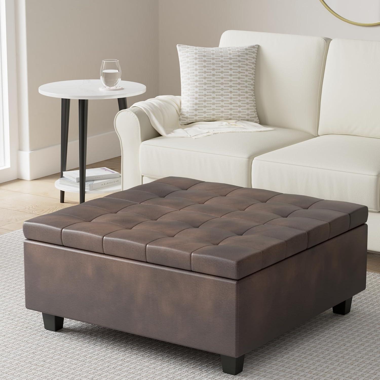 Simpli Home Harrison Coffee Table Storage Ottoman In Distressed Brown Vegan Faux Leather