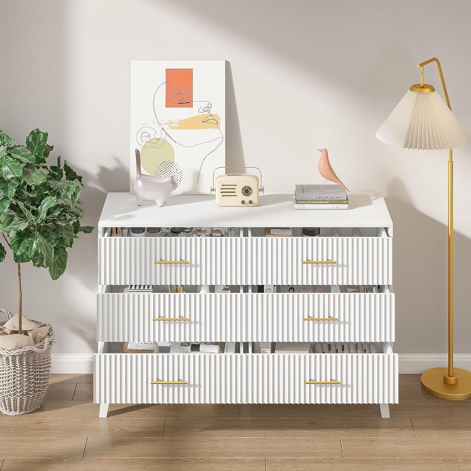 6 Drawer Dresser for Bedroom,Modern Bedroom Dresser,Fluted White and Gold Dresser with Curved Profile Design