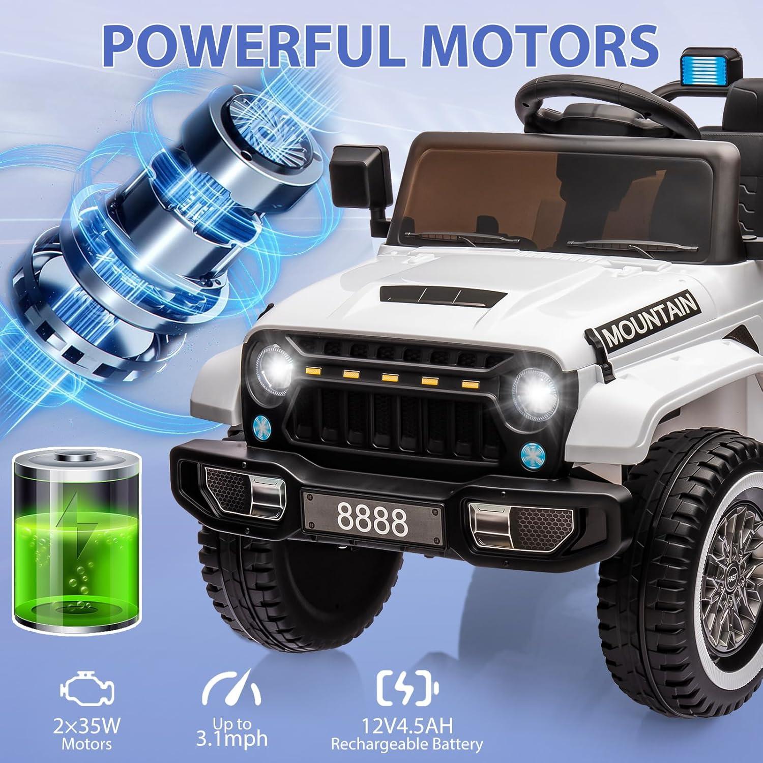 White 12V Kids Ride-On Truck with Remote Control and LED Lights