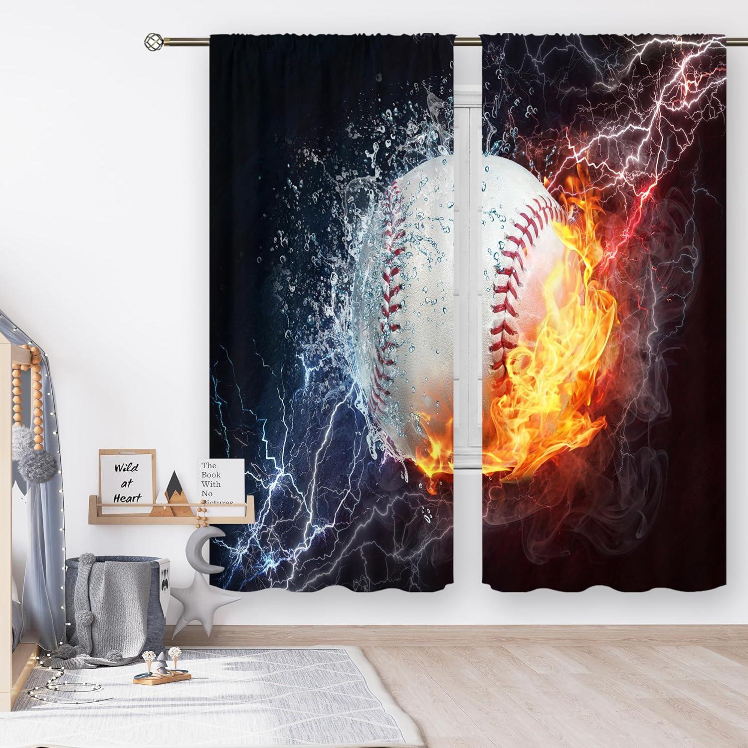 Cinbloo Baseball Curtains Sports Theme for Men 42W x 63L Inch Rod Pocket Ball in Fire Water Flame Lightening Boys Kids Bedroom Decor Art Printed Living Room Window Drapes Treatment Fabric 2 Panels