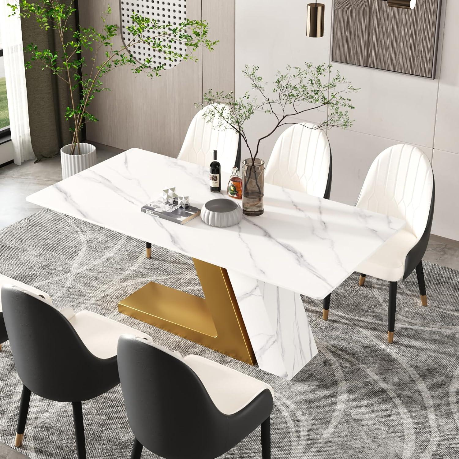 Modern White Marble Rectangular Dining Table with Gold Pedestal