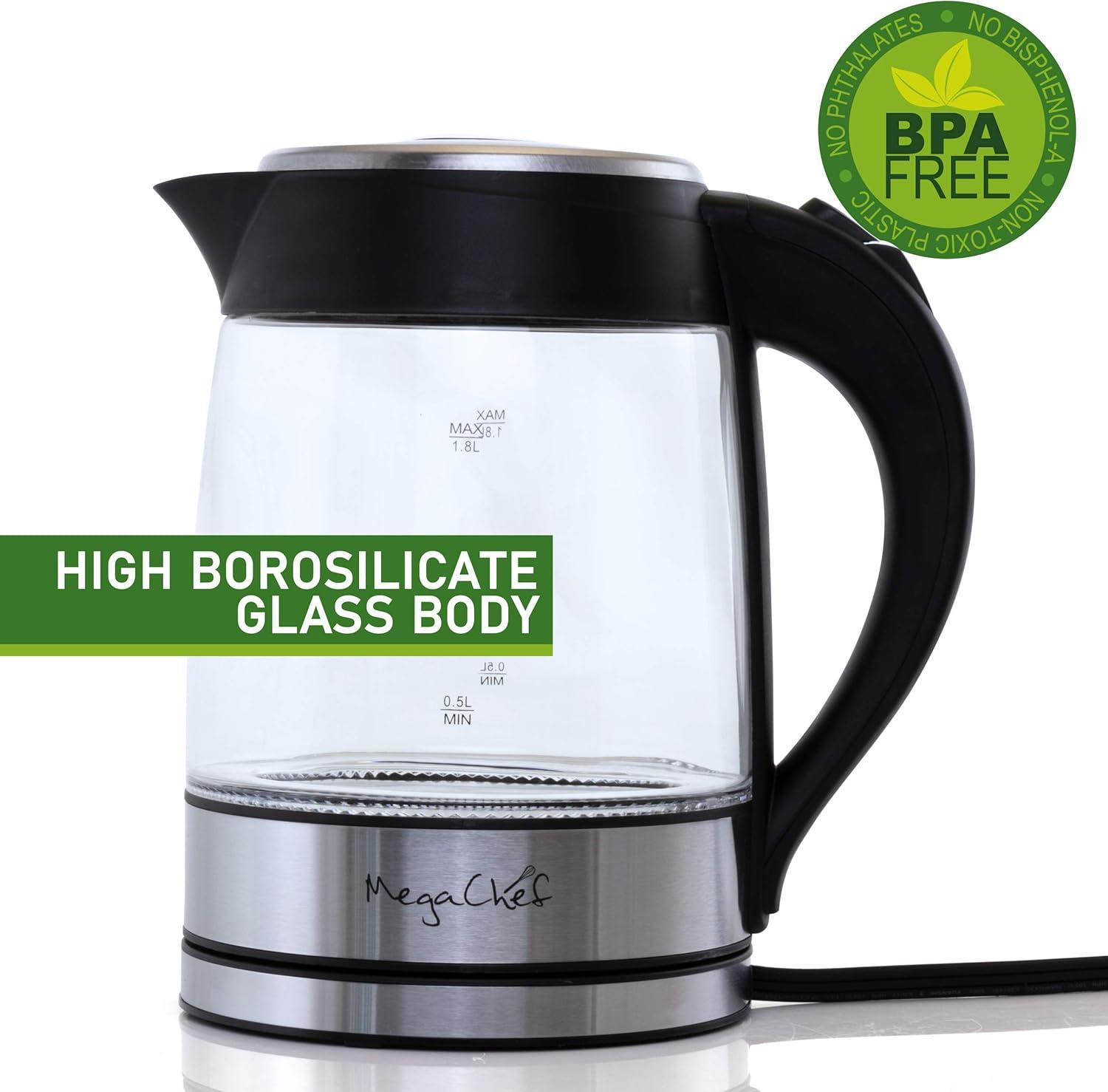 MegaChef 1.8Lt. Glass and Stainless Steel Electric Tea Kettle