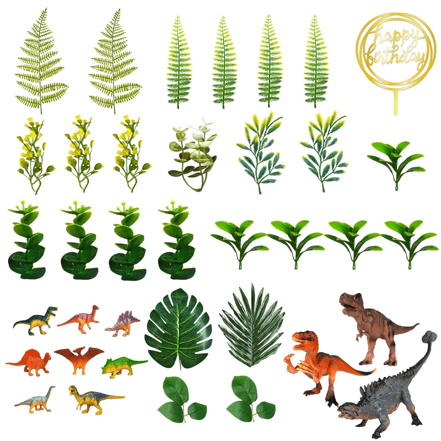 Dinosaur Cake Toppers Dinosaur Toy Artificial Plants Grass Cake Decorations for Boy Girl Kid Birthday Baby Shower Dinosaur Theme Jungle Party Supplies (Style 2)