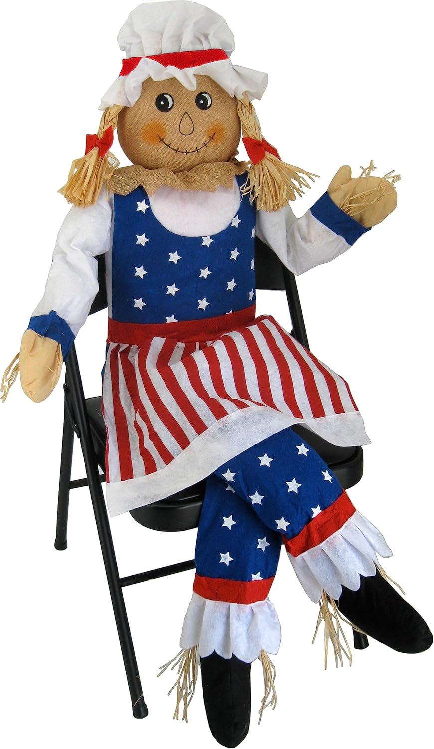 60" Large Sitting Scarecrow Mrs. Uncle Sam Patriotic Americana Fall Decoration 5'
