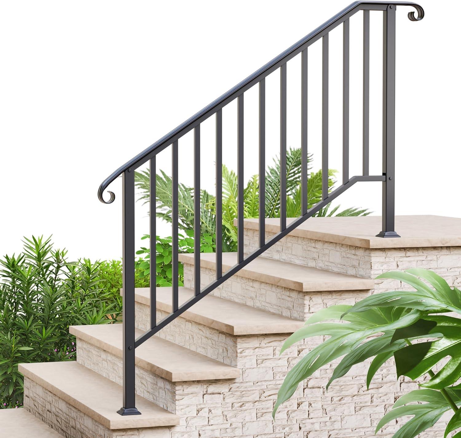 HLL Handrails for Outdoor Steps, Black Wrought Iron Handrail Fits 4 or 5 Steps, Transitional Handrail with Installation Kit, Stair Railing for Concrete Steps or Wooden Stairs
