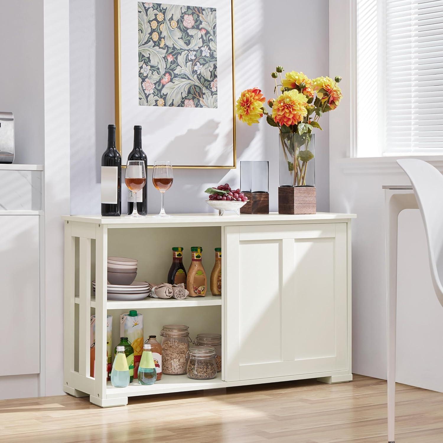 Antique White Sliding Door Storage Cabinet with Adjustable Shelf