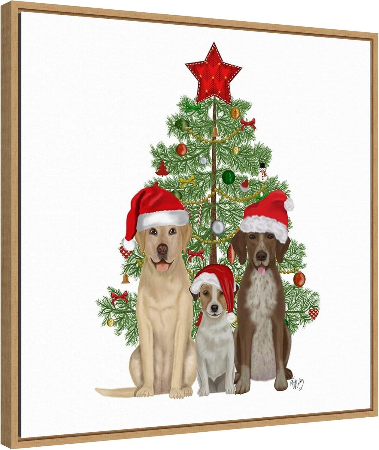 Amanti Art Christmas Dog Trio Tree Framed Canvas Wall Art Print