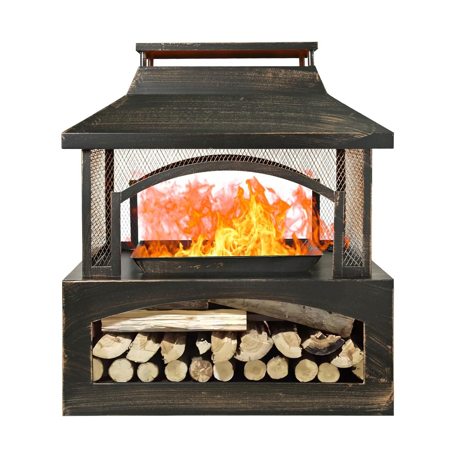 37-Inch Bronze Wood Burning Fire Pit with Log Storage